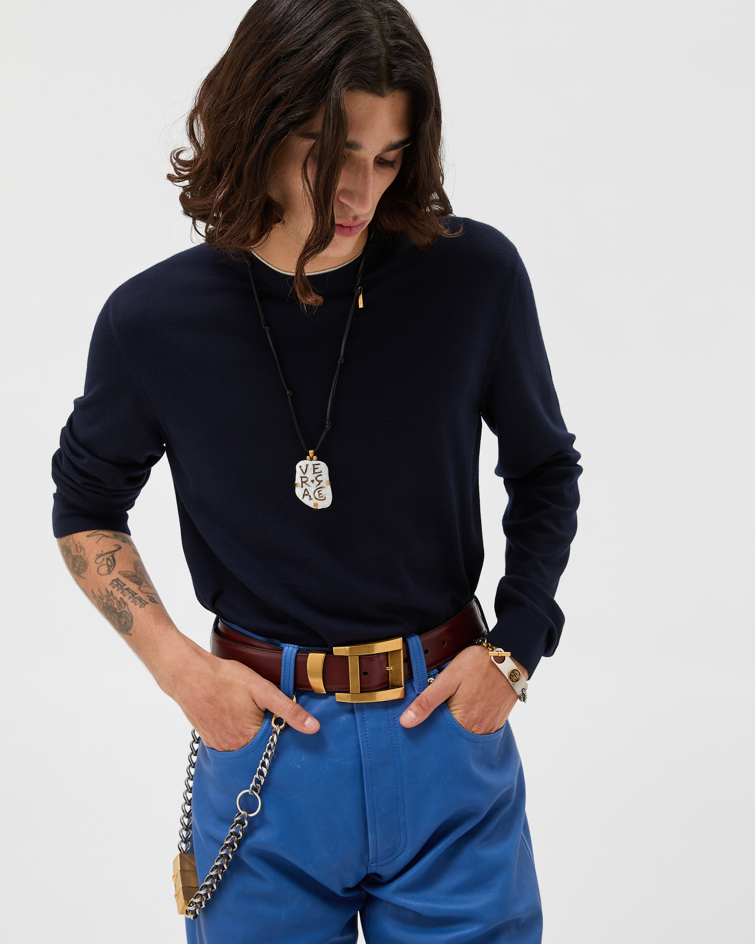 Embroidered Wool Knit Crewneck Sweater Blue | VERSACE US