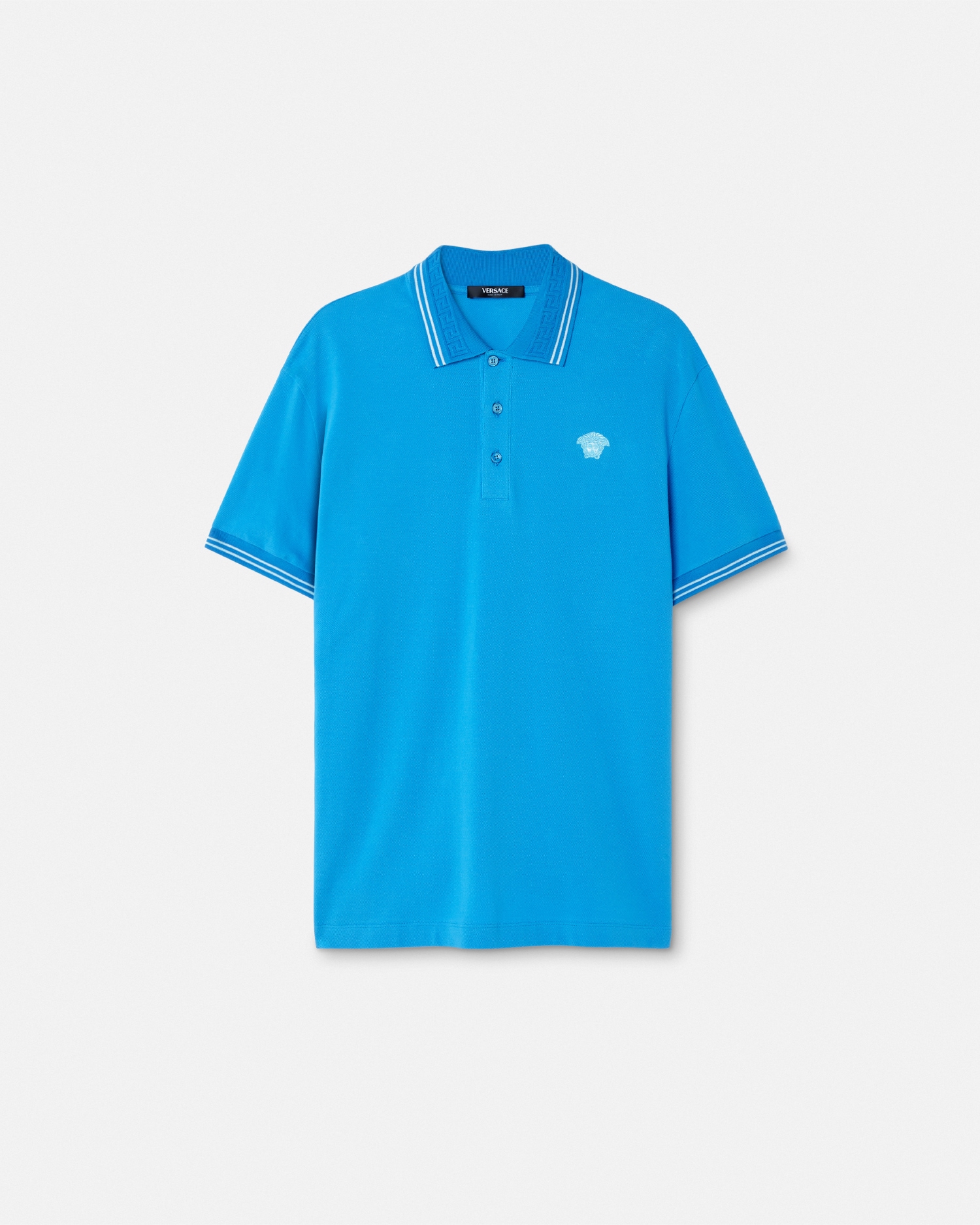 Versace Polo En Piqué De Coton Brodé In Blue