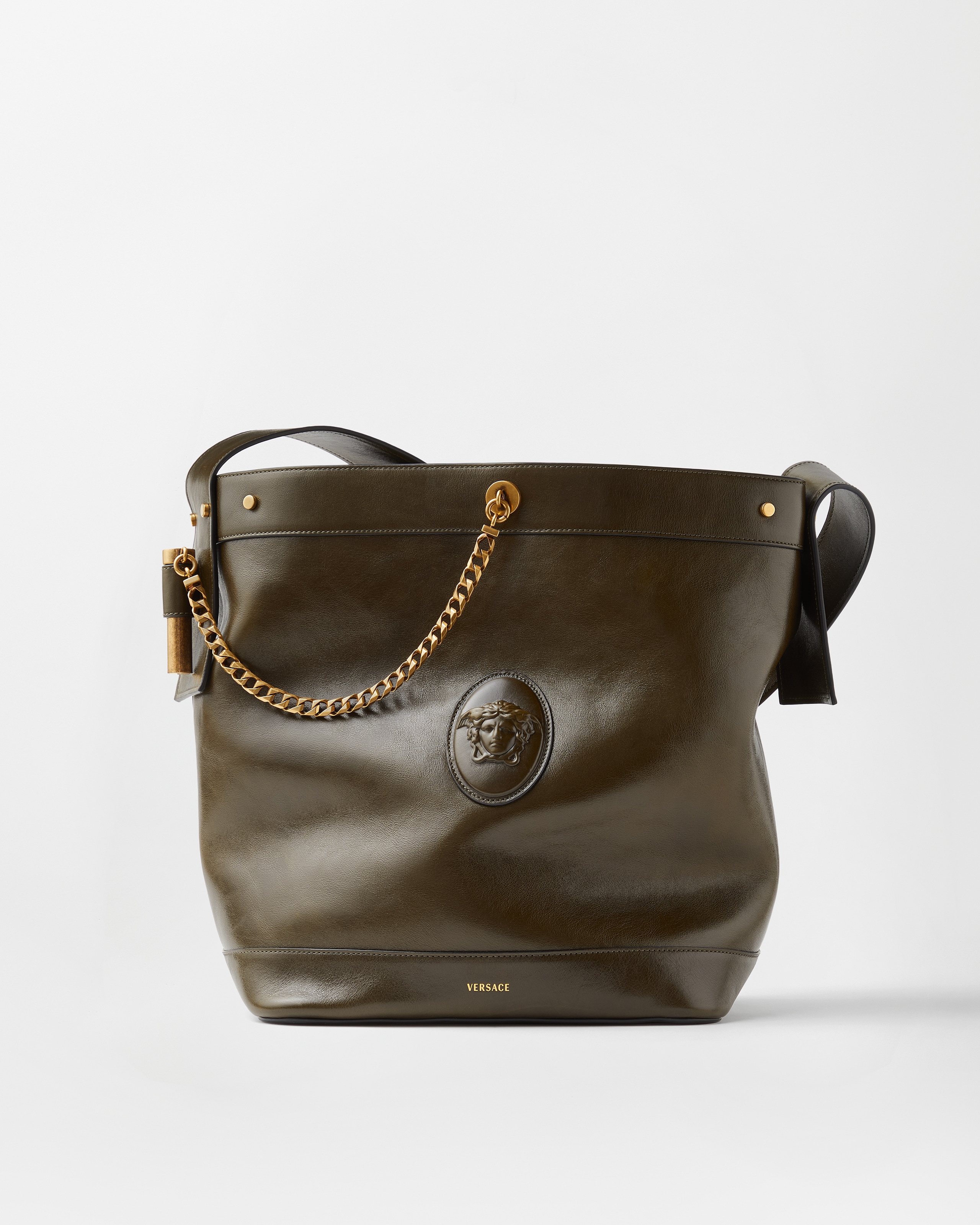 Versace Pivot Large Leather Bucket Bag In Green