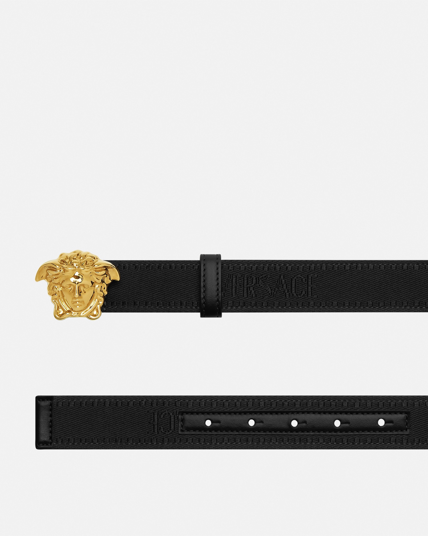 Versace Allover La Medusa Belt In Black+gold