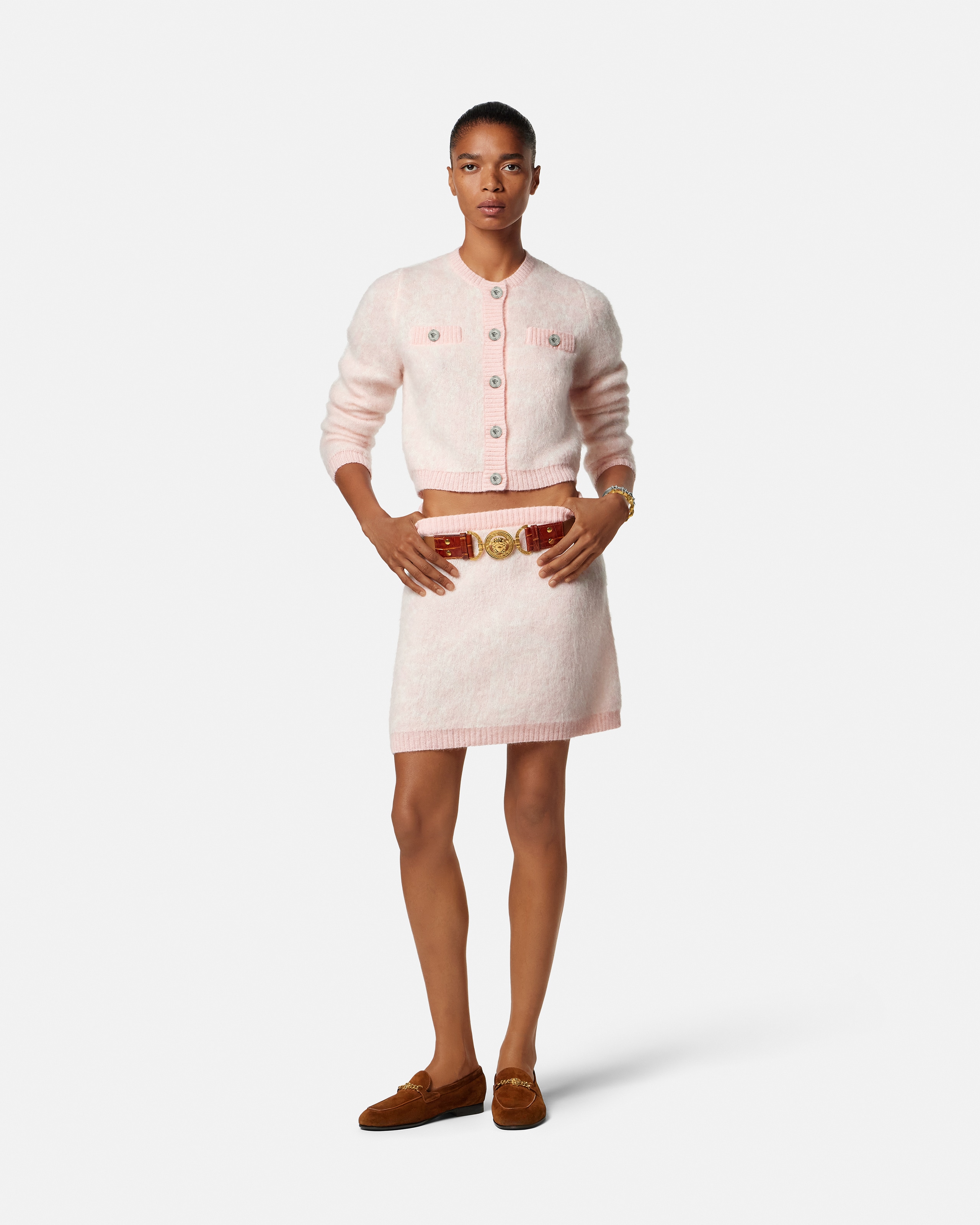 Versace Jacquard Mohair Knit Mini Skirt In Pink