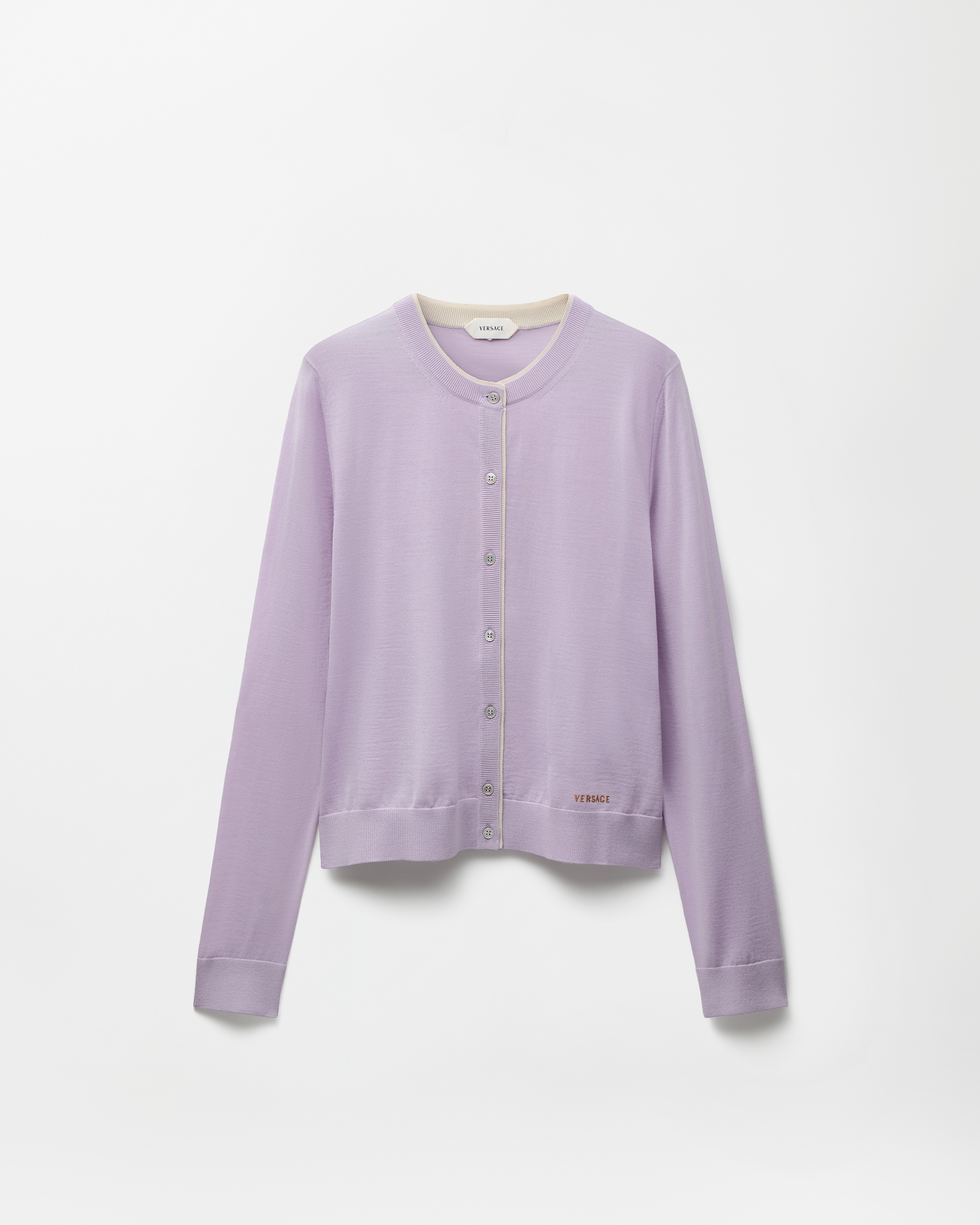Versace Embroidered Wool Knit Cardigan In Purple