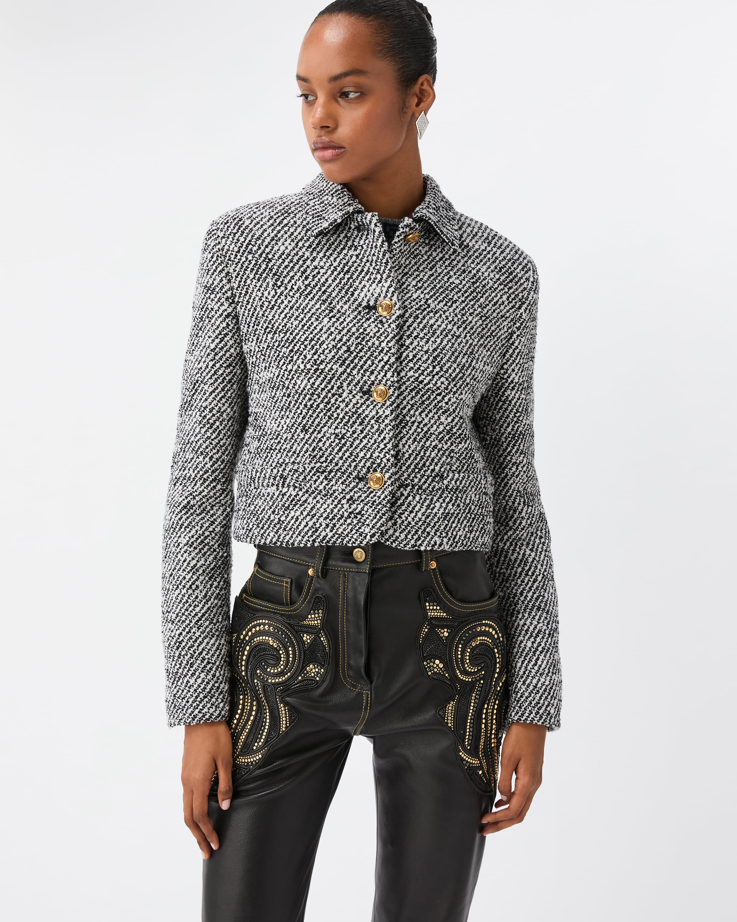 Versace Wool Boucle Jacket Contrast Buttons Cropped In Gray