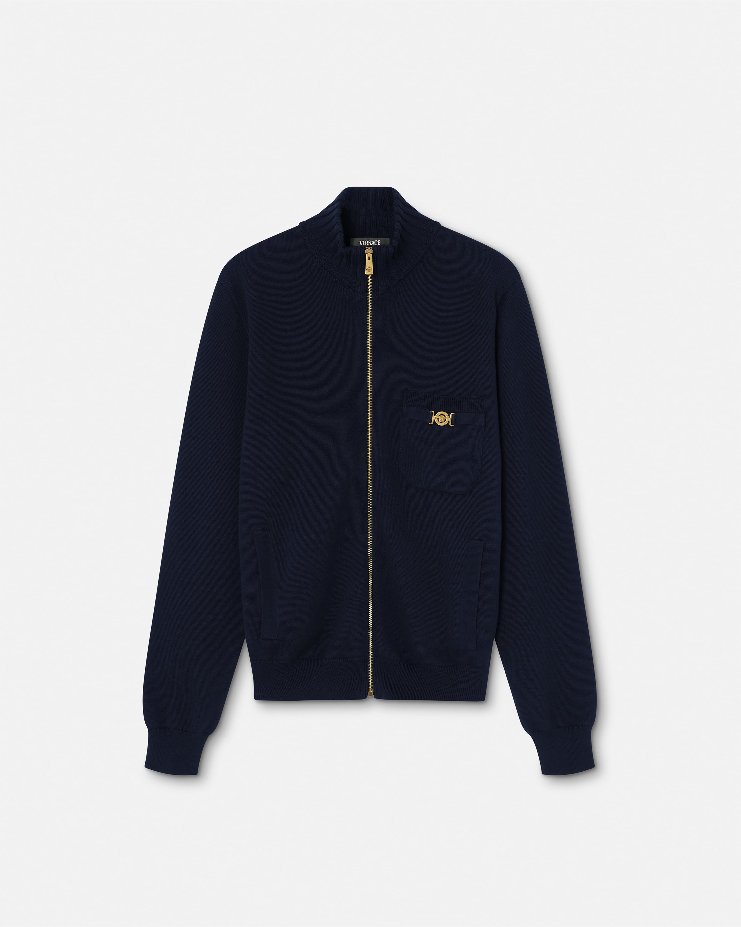 Cashmere-Cotton Knit Zip Sweater Black | VERSACE US