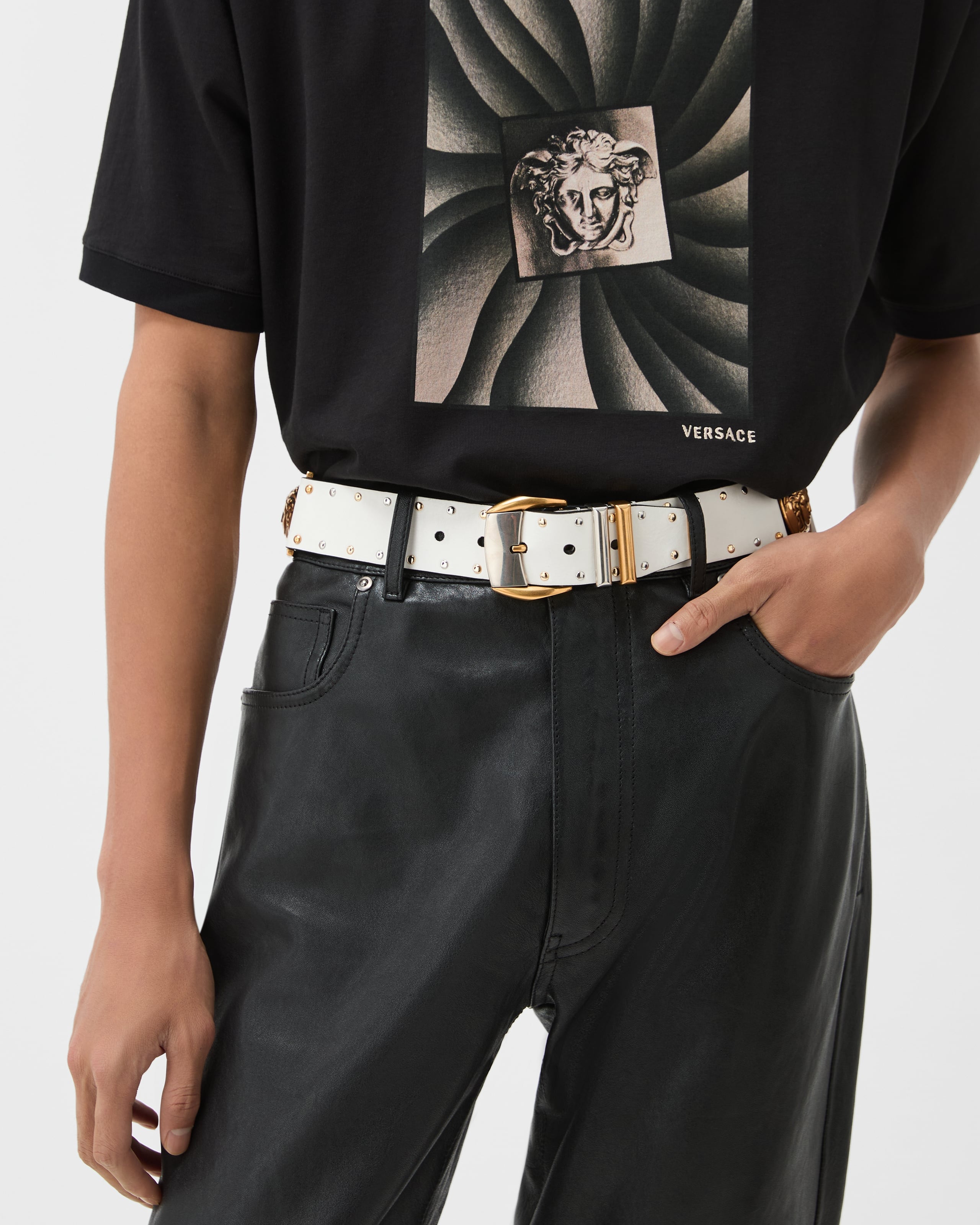 Versace Studded Leather Belt 4 Cm In White