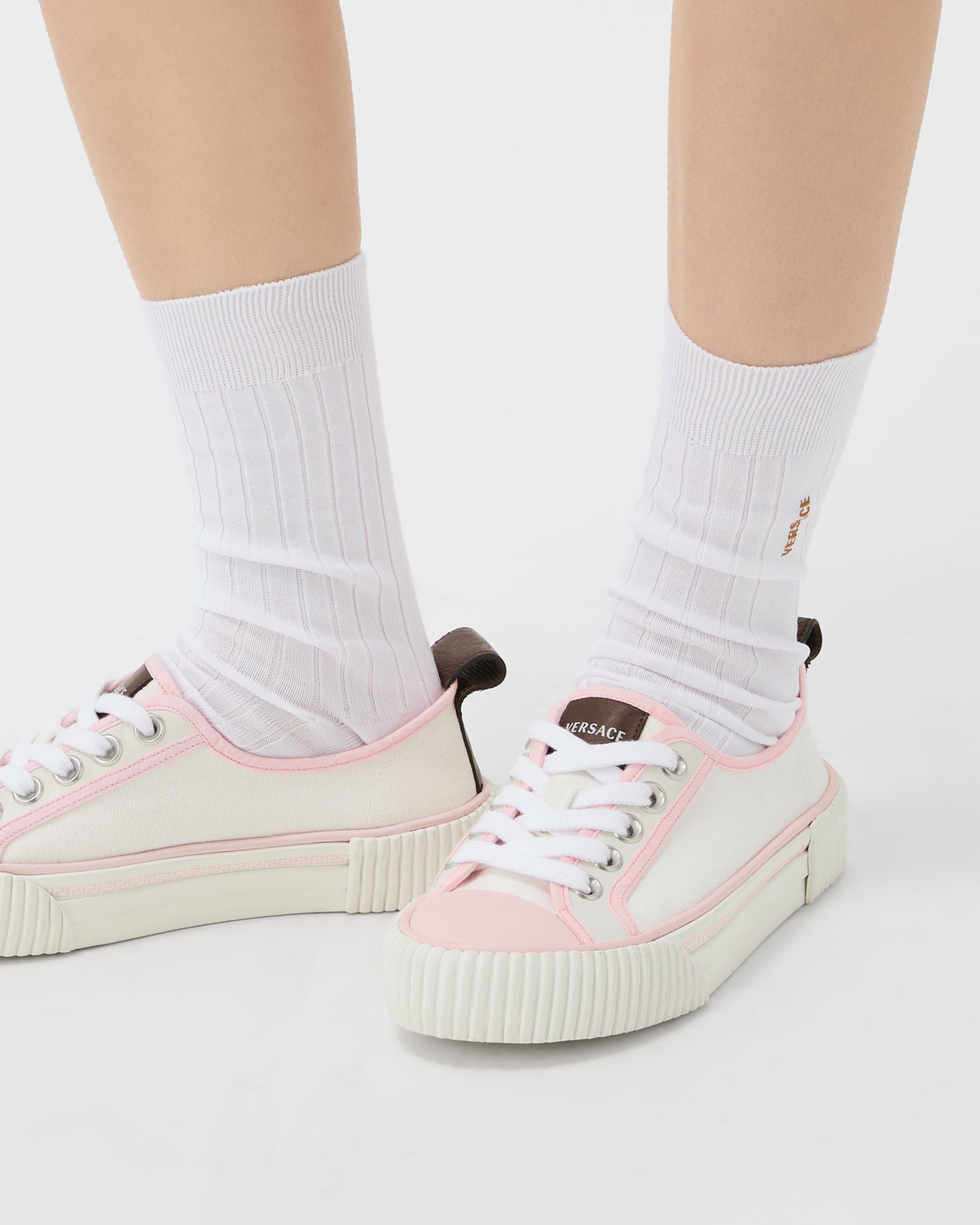 Versace Lace Sneakers Contrast Trim Pull Tab Sole In White