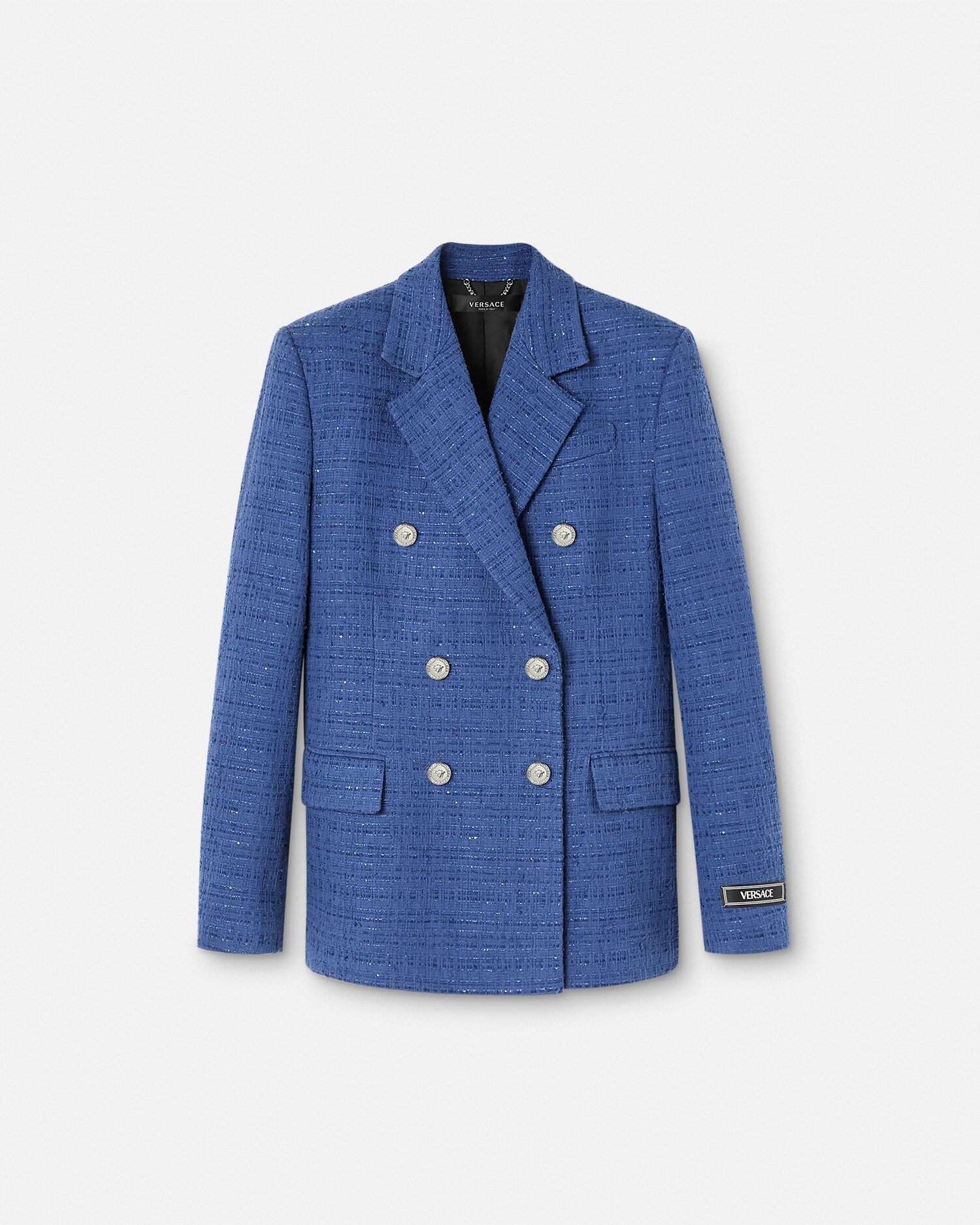 Versace Double-breasted Tweed Boucl In Blue