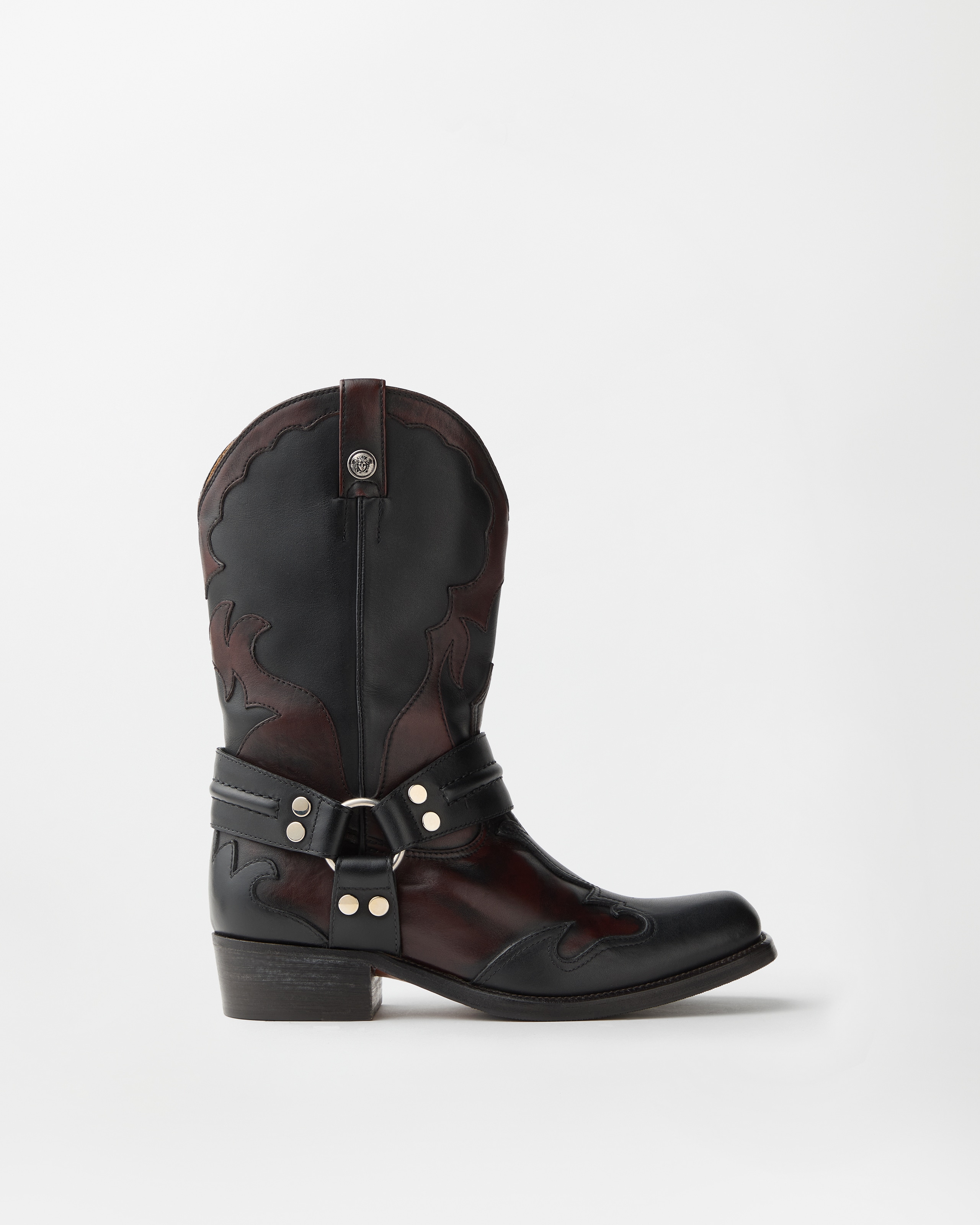 Versace Sylvester Leather Western Boots In Black+brown