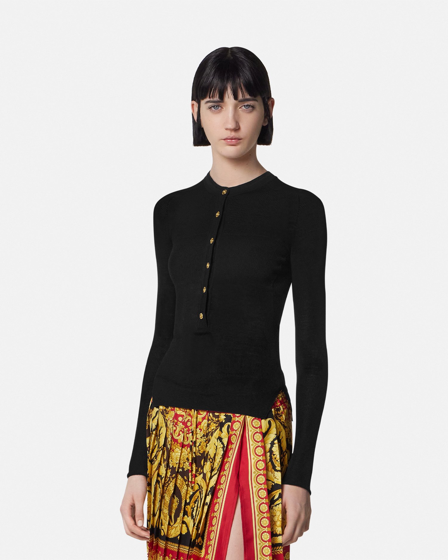 Merino Wool Ribbed Knit Henley Top