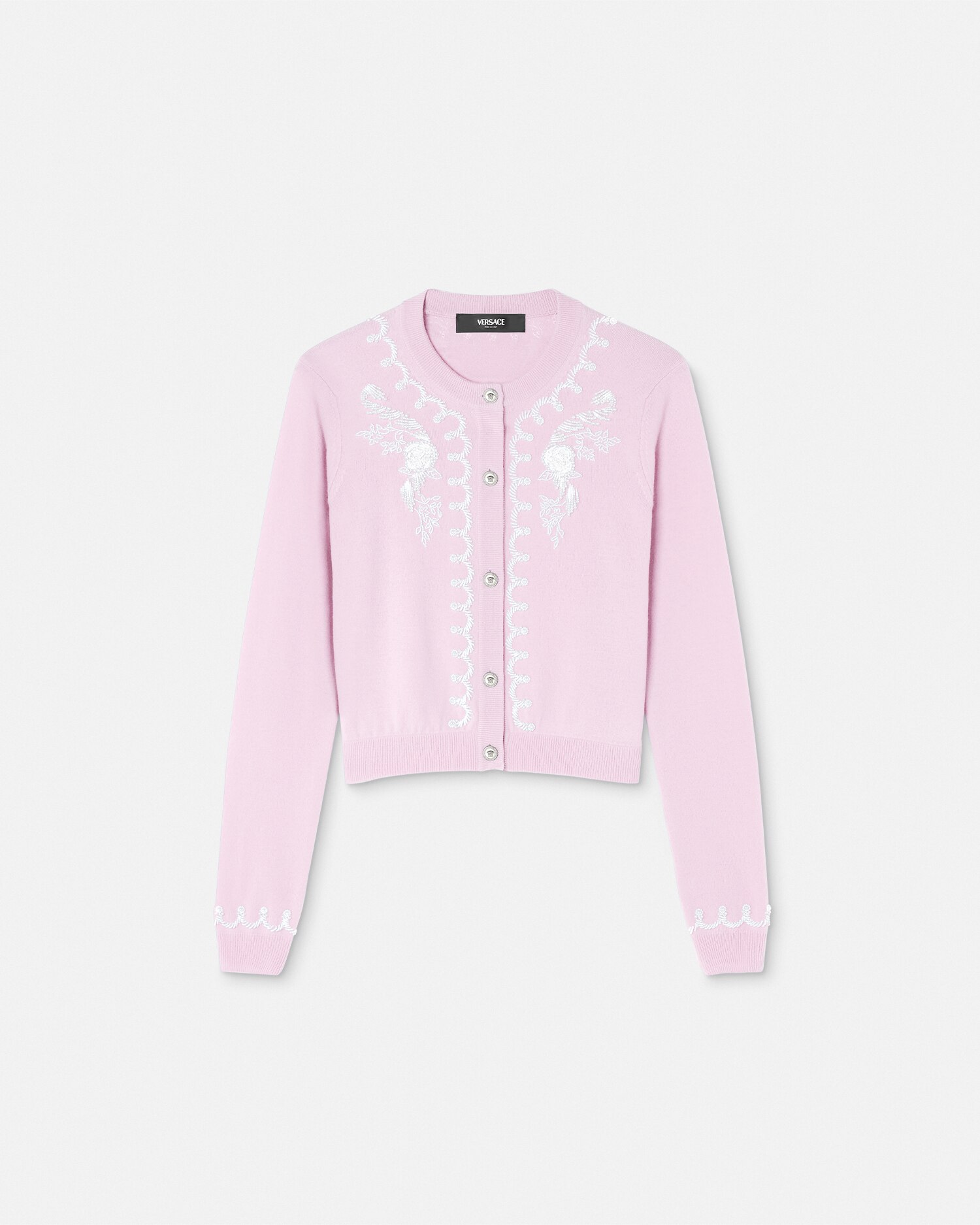 Versace Embroidered Cashmere Knit Cardigan In Pink