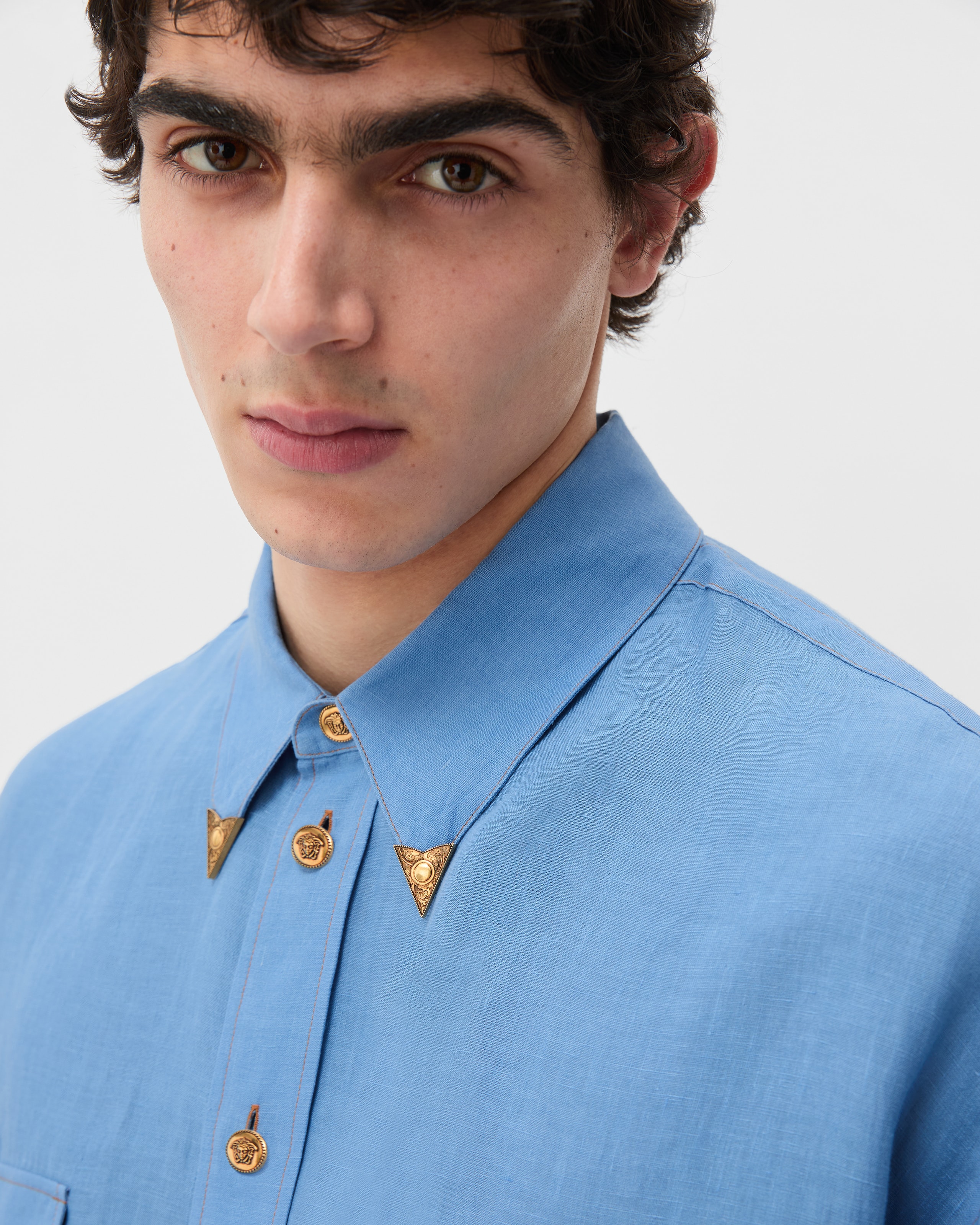versace dress shirt men Linen Relaxed Shirt Blue