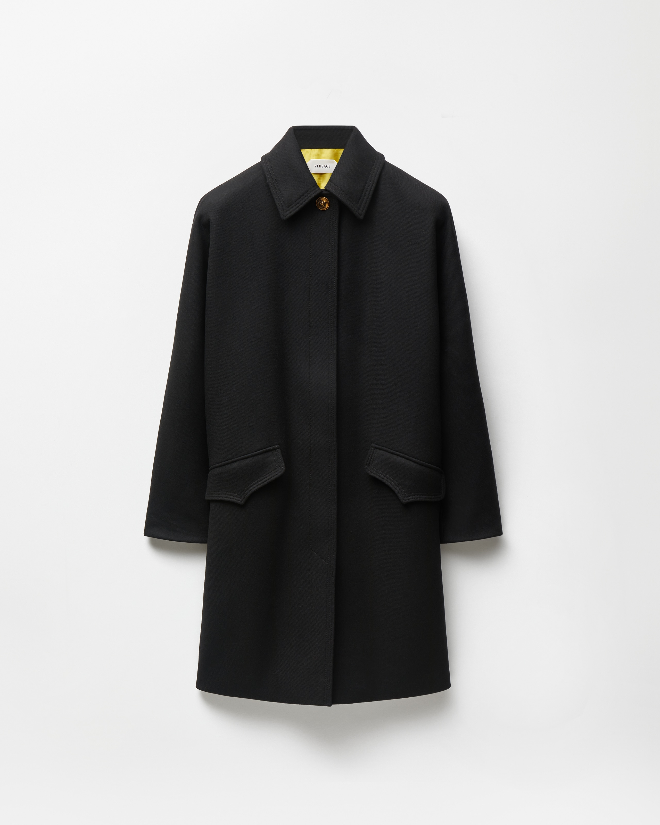 Versace Double-wool Light Felted Coat In Black+lime