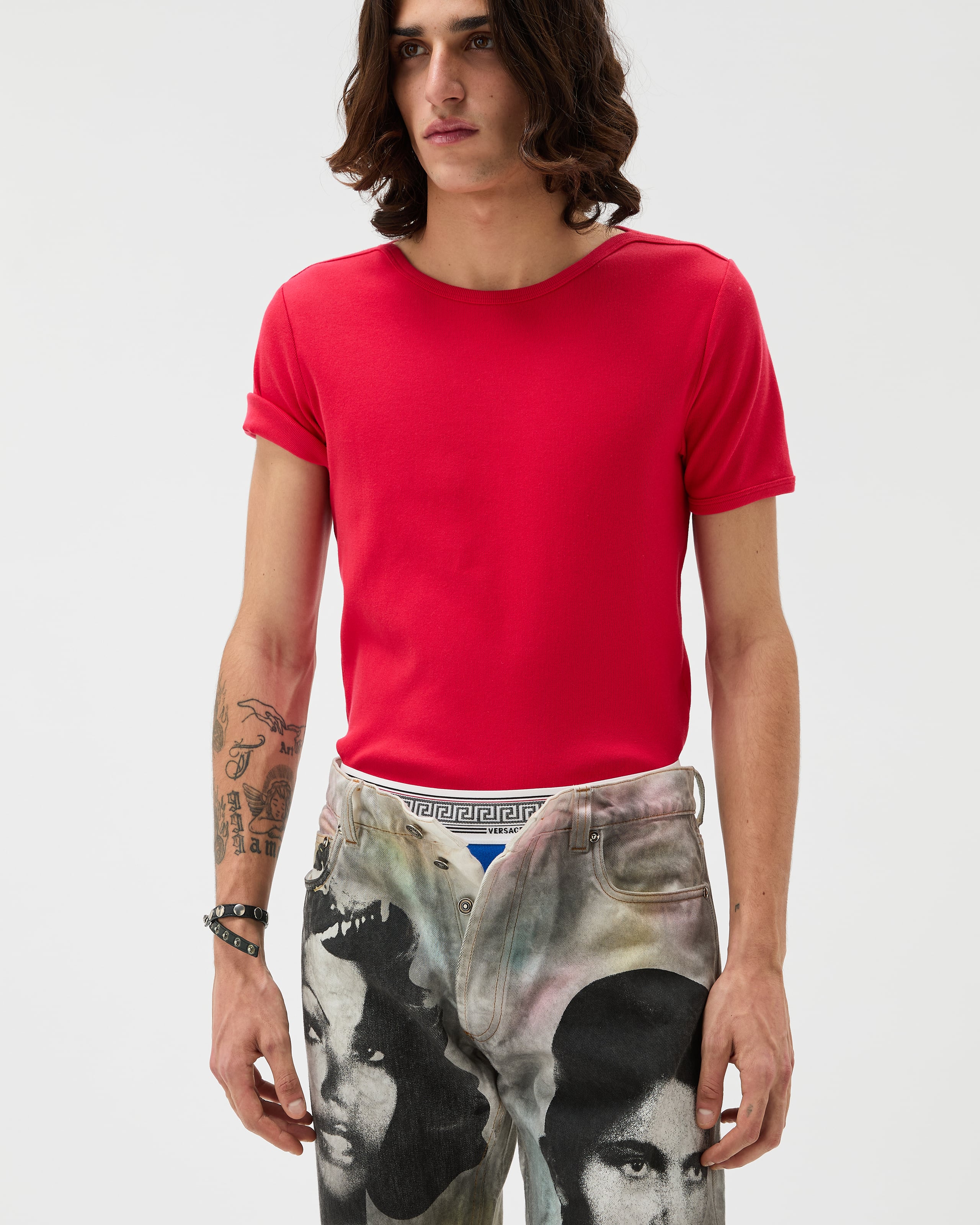 Embroidered Ribbed Cotton-Jersey T-Shirt Red | VERSACE US
