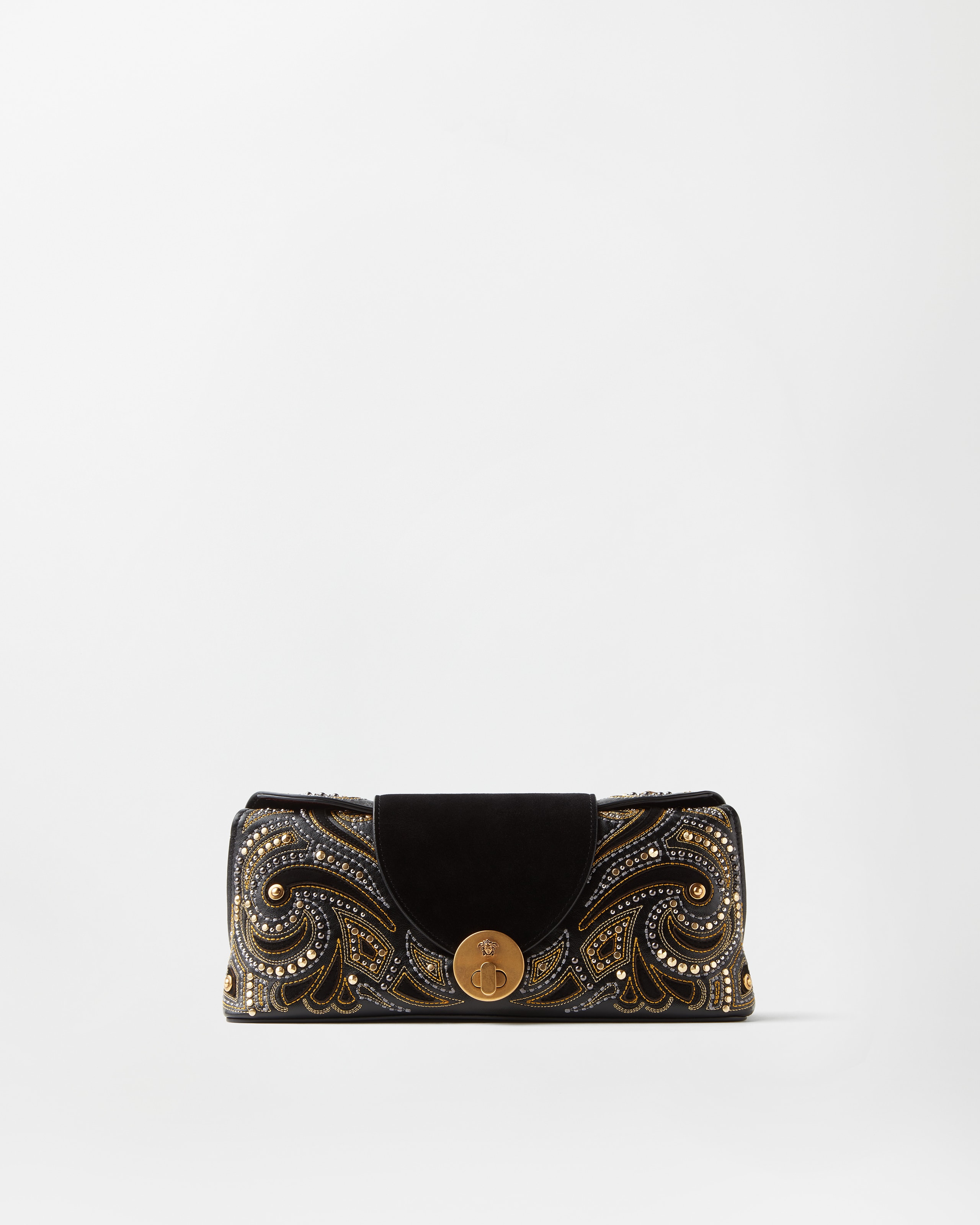 Versace Vivian Embroidered Suede Clutch In Gray