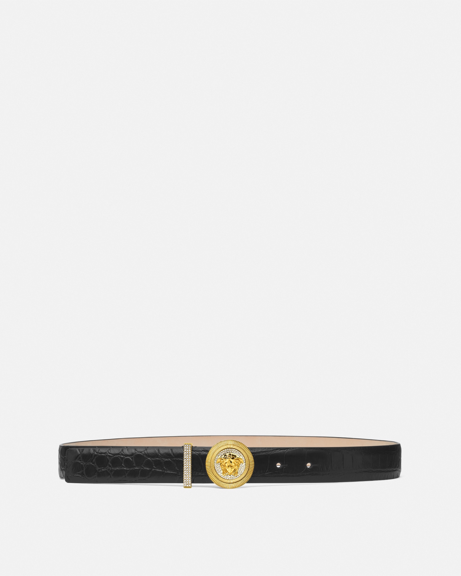 Versace Medusa Biggie Croc-effect Belt 3 Cm In Black+gold