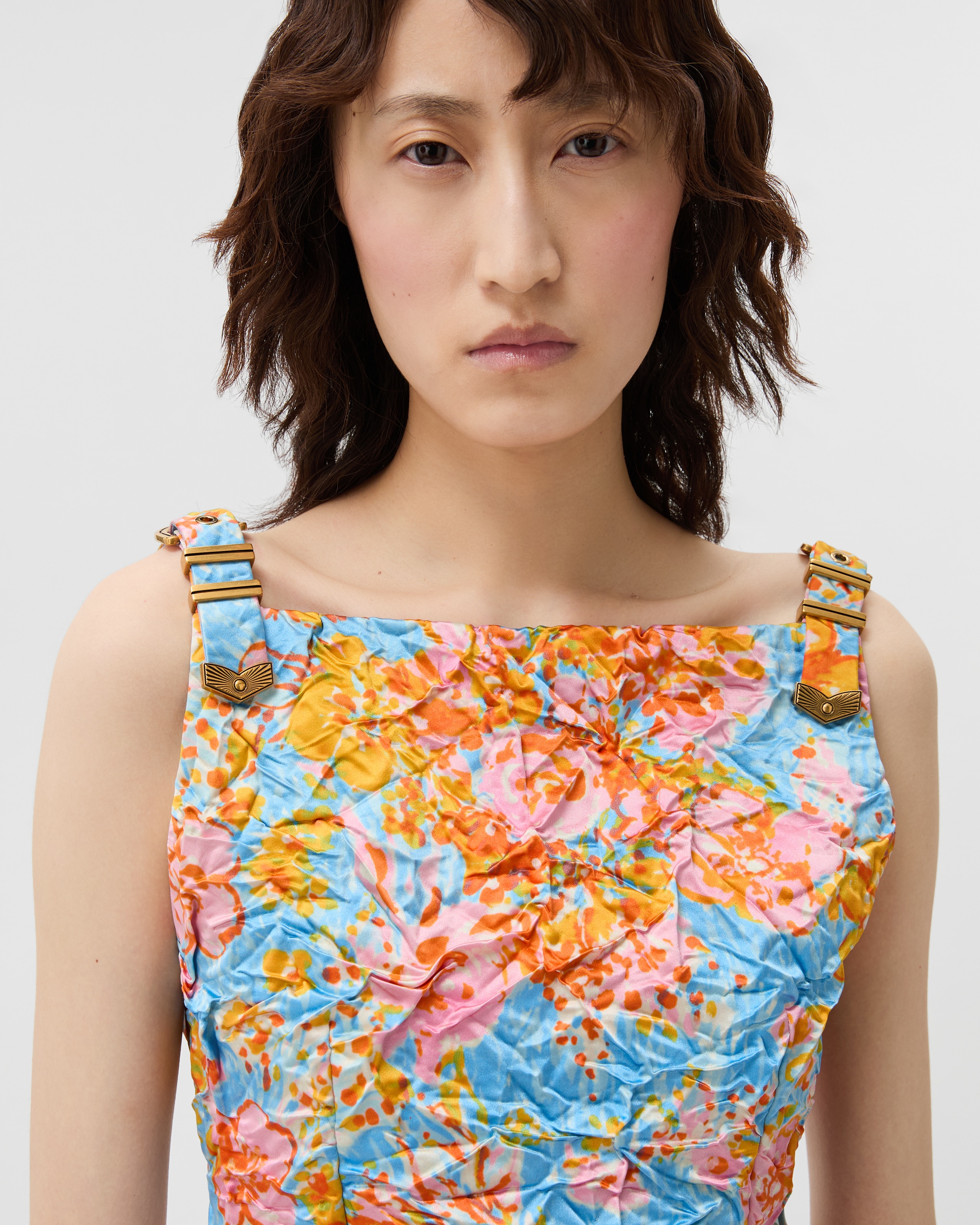 Printed Silk Duchesse Mini Dress Blue,Orange | VERSACE US