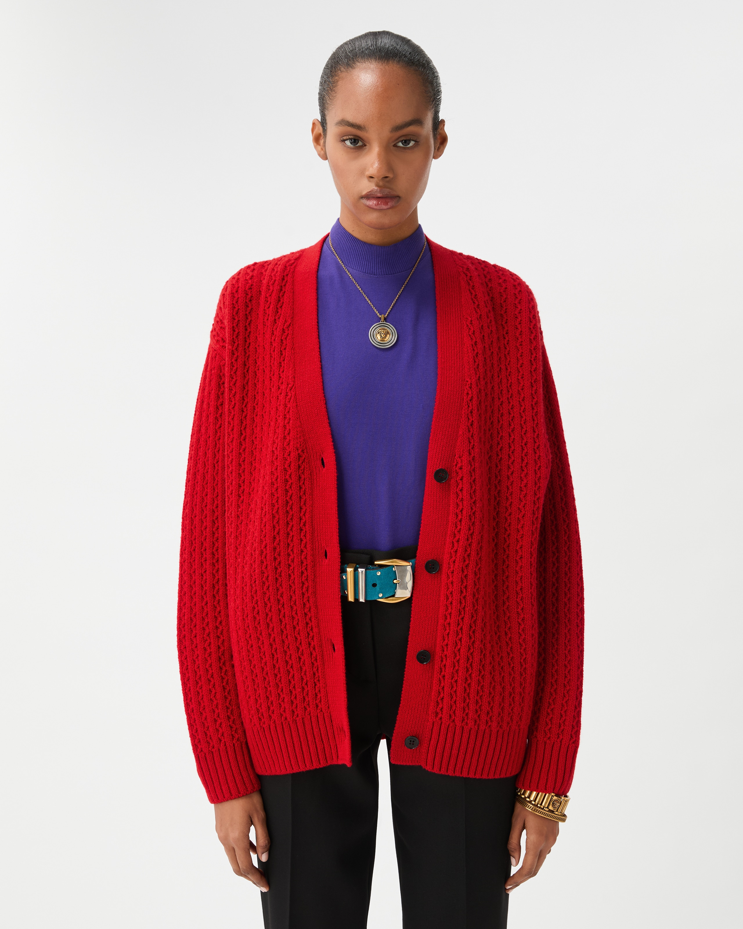 Embroidered Wool & Cashmere Knit Cardigan Red | VERSACE