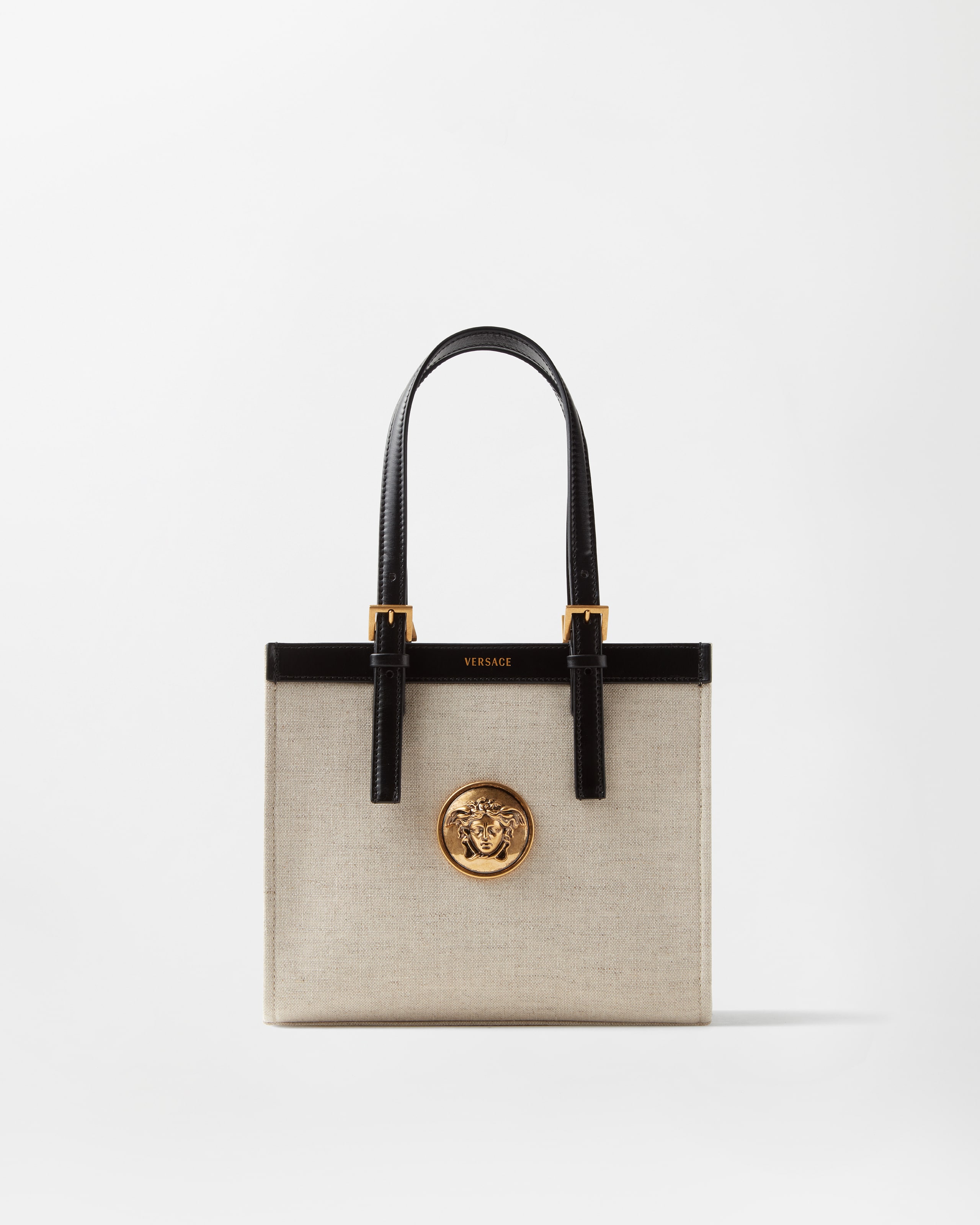 Versace Rivière Mini Canvas Tote In Black+beige