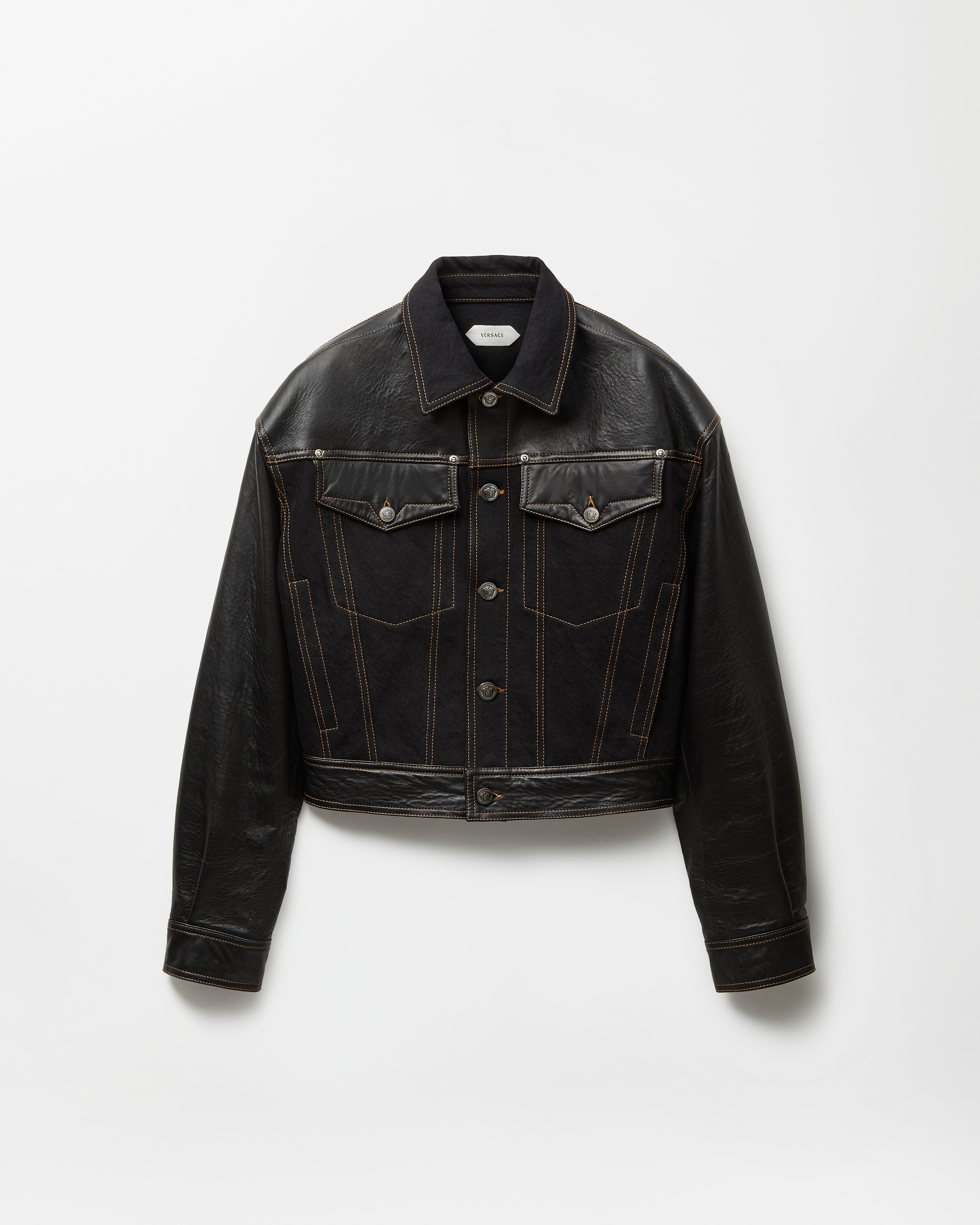 Versace Denim & Leather Blouson In Black