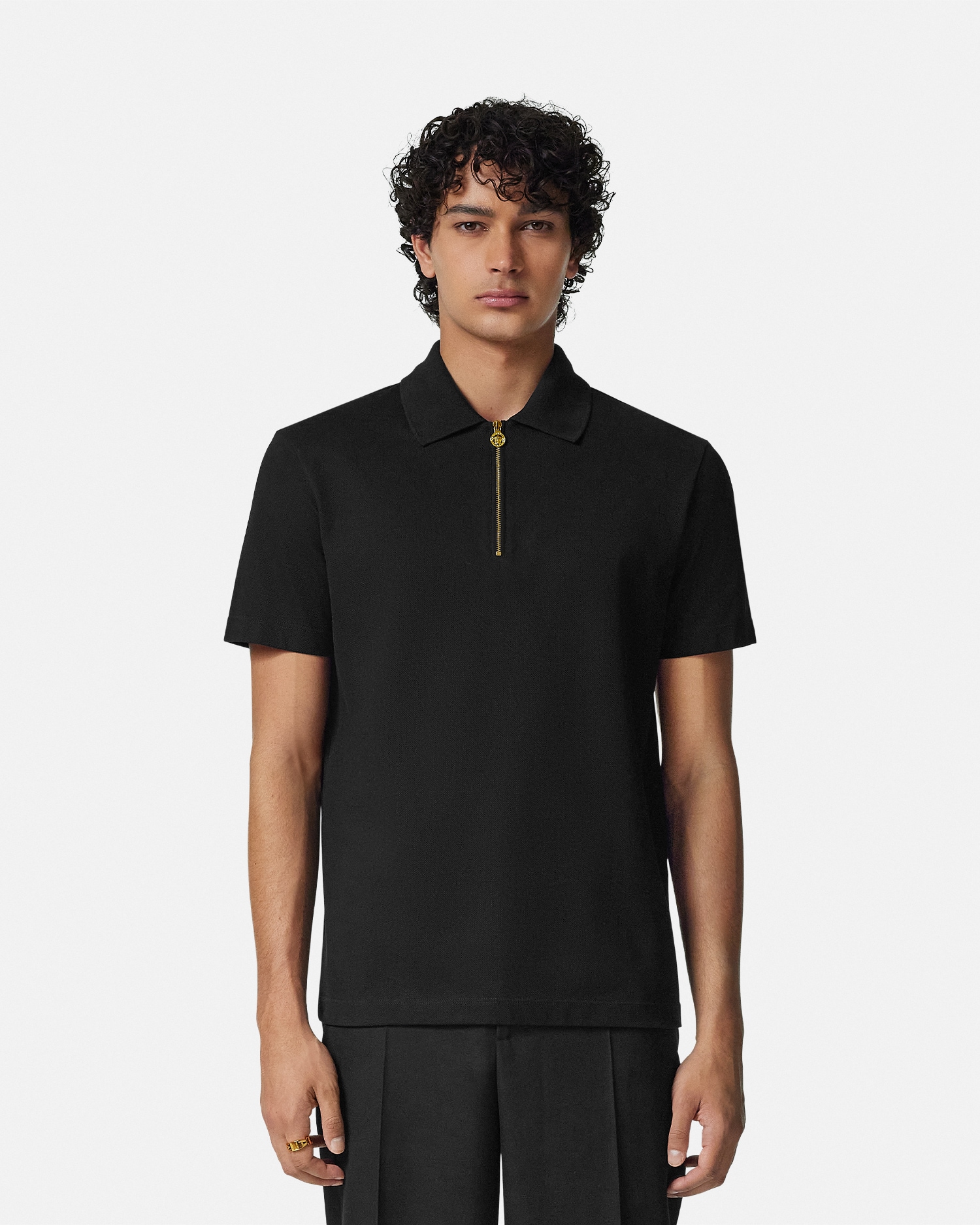 Embroidered Cotton-Piqué Half-Zip Polo | VERSACE US