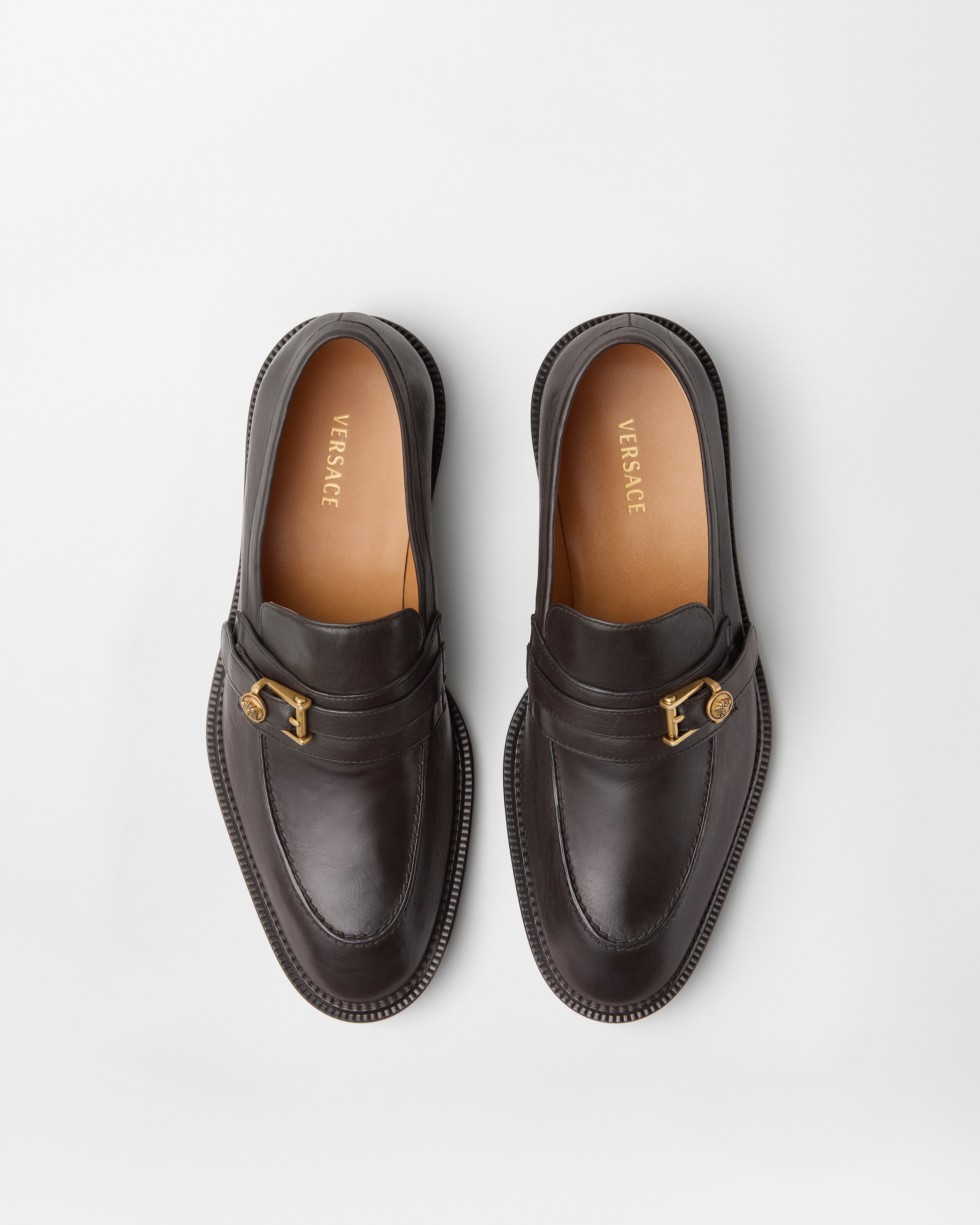 Primo Leather Loafers Brown,Gold | VERSACE US