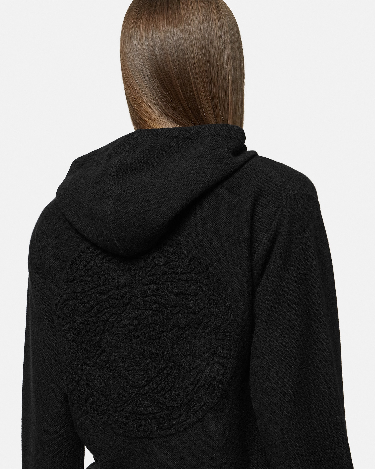 Cashmere-Wool Knit Zip Hoodie Black | VERSACE US