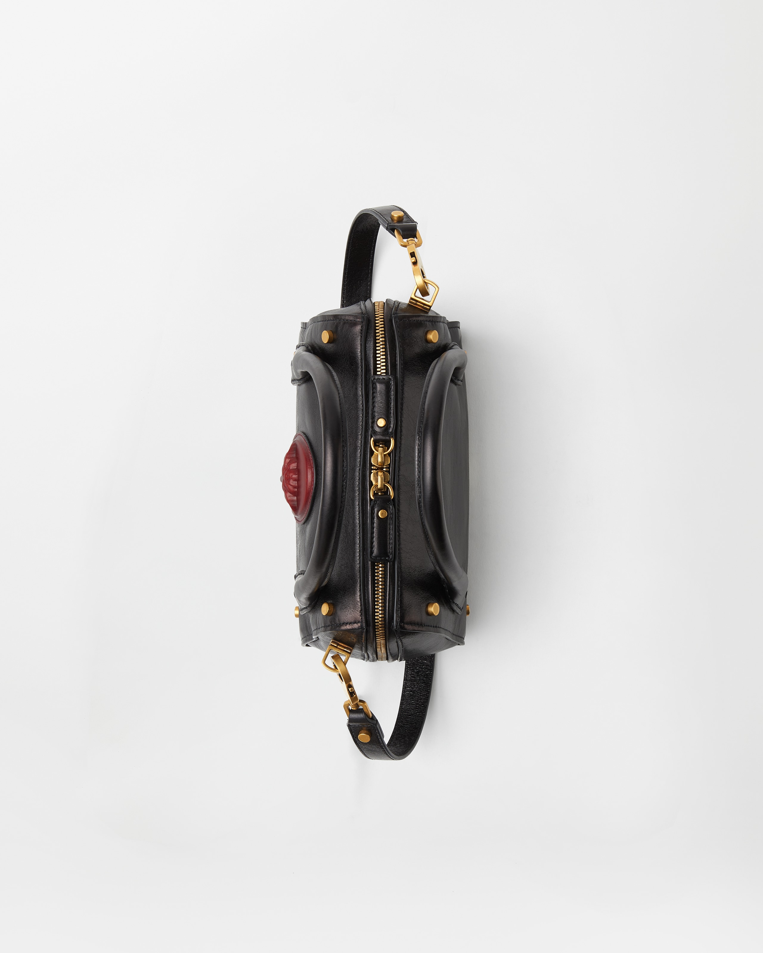 Roomy Small Leather Boston Bag Black,Brown | VERSACE US