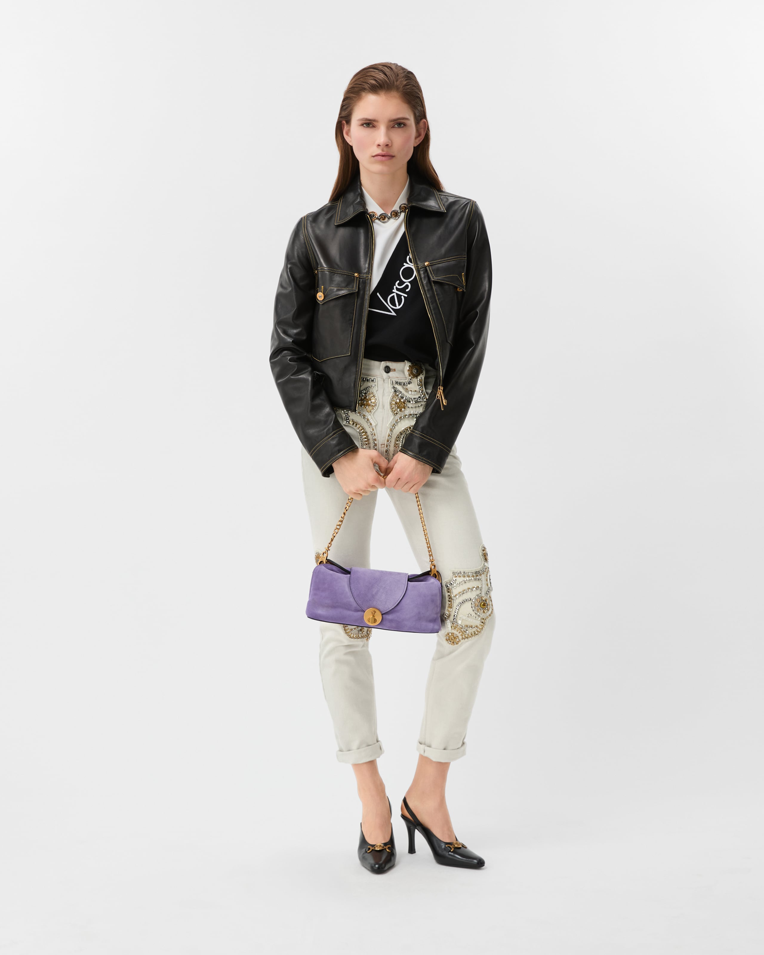 Embroidered Straight Jeans White | VERSACE US