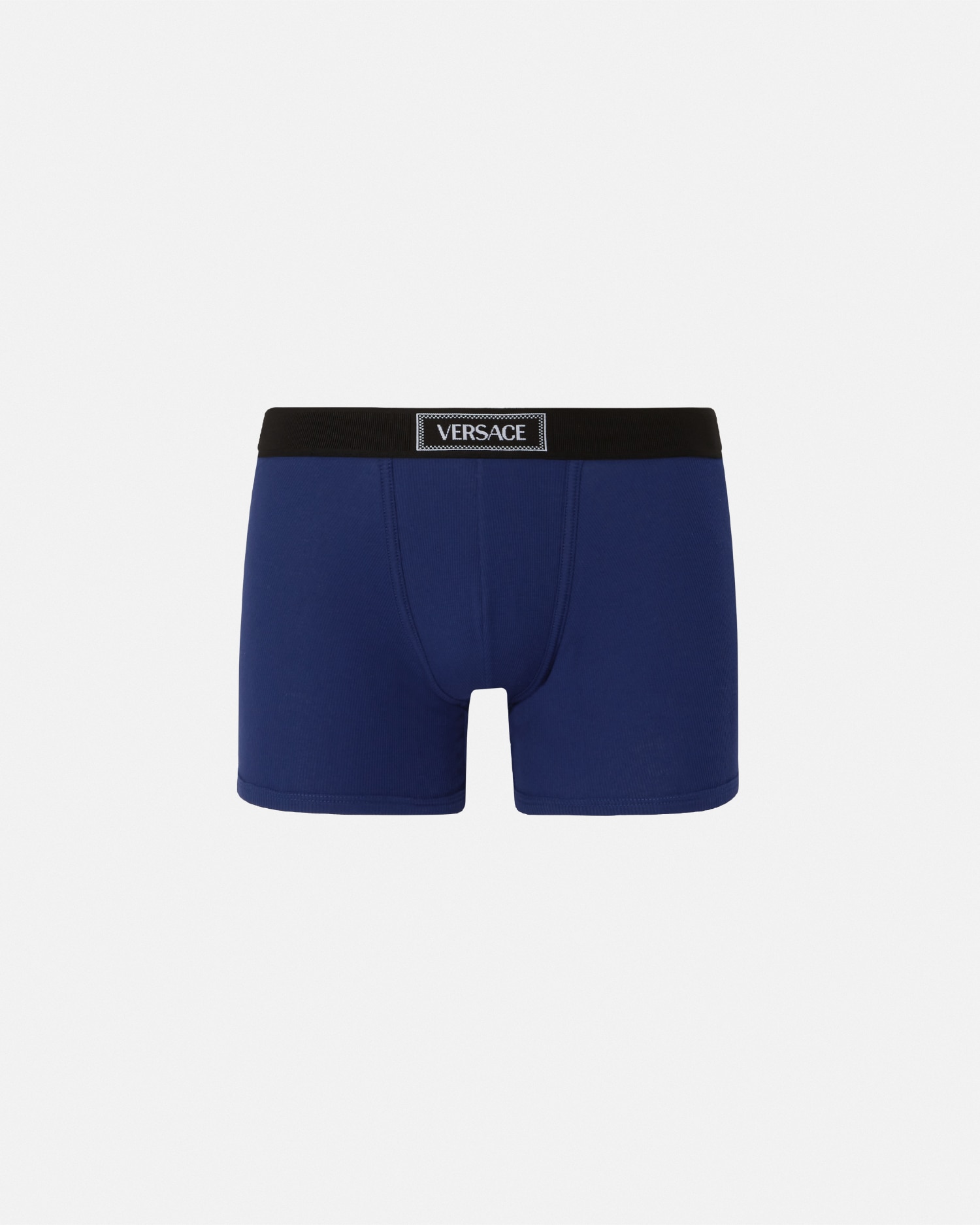 Versace 90s Vintage Logo Ribbed Long Trunks In Bleu