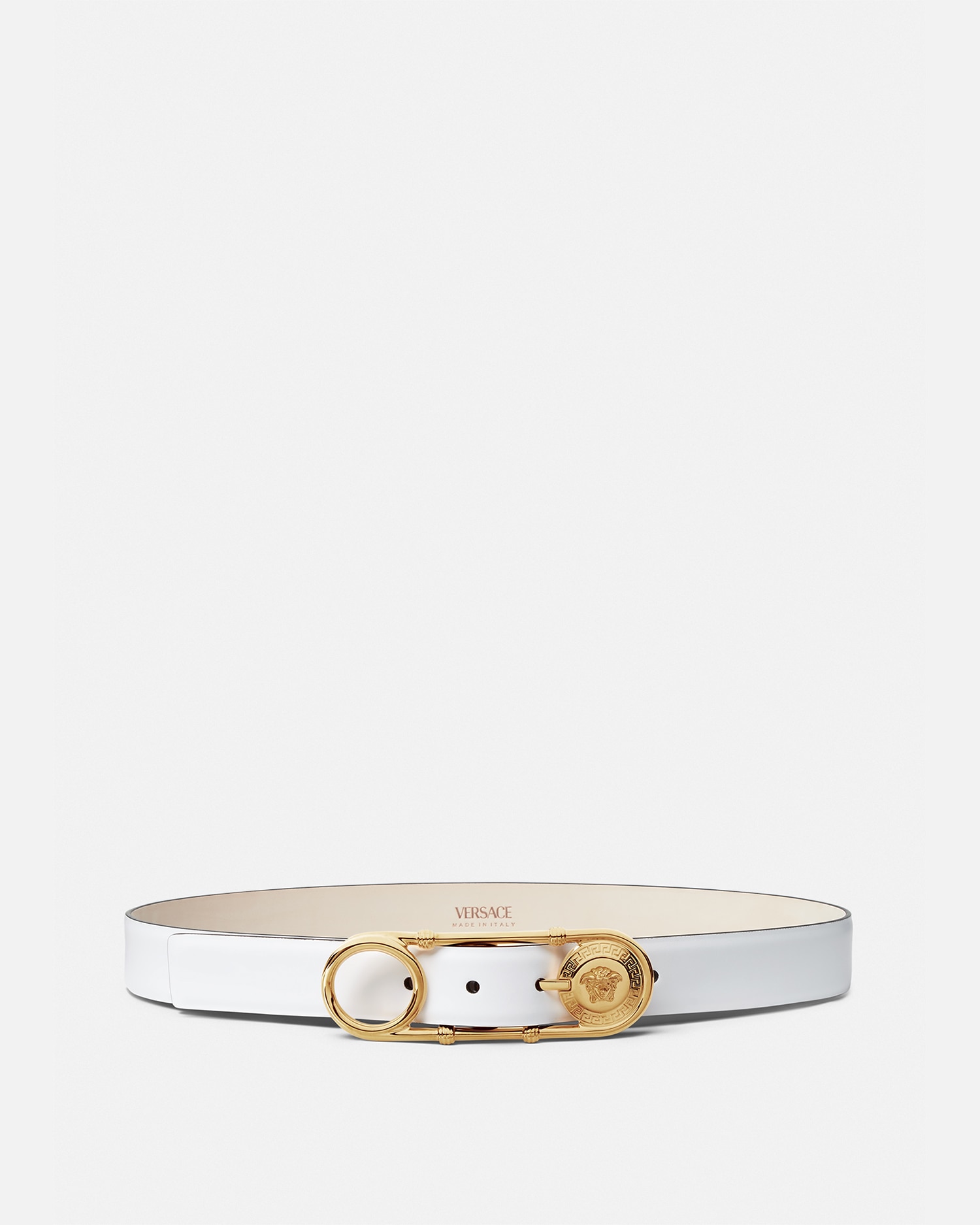 Shop Versace Safety Pin Leather Belt 3 Cm In White