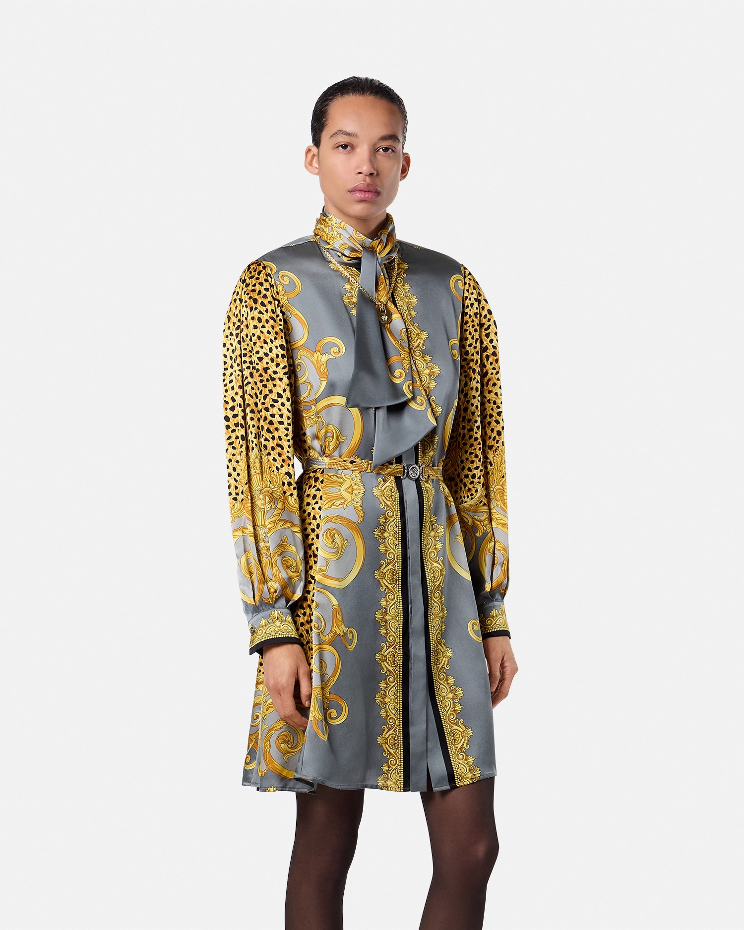 Cheetah Foulard Silk Lavallière Mini Dress