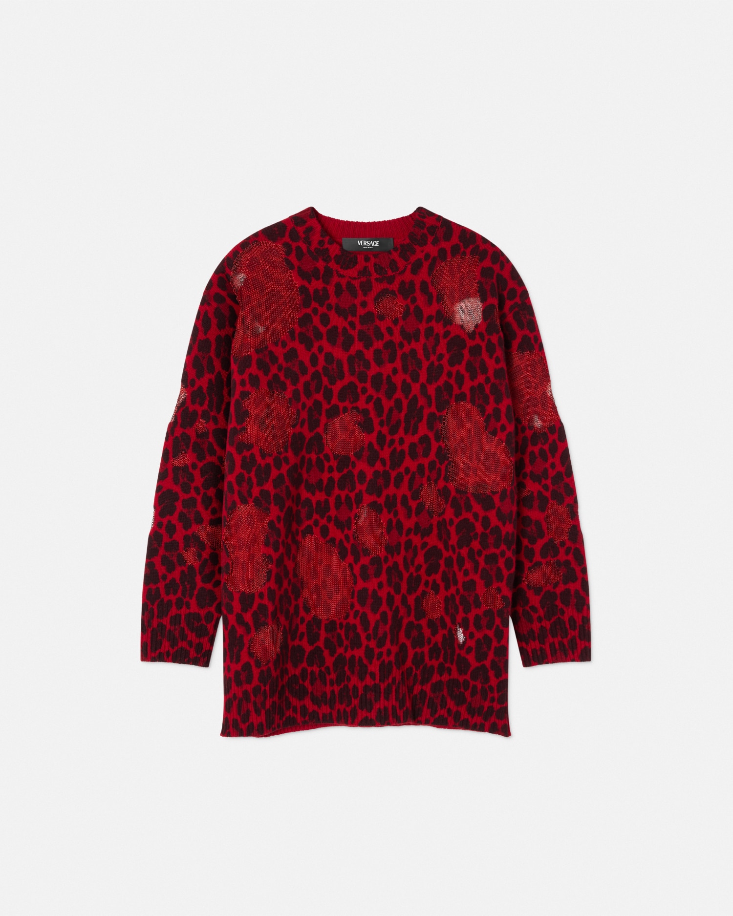 Versace Leopard-printed Semi-sheer Panelled Jumper In Red