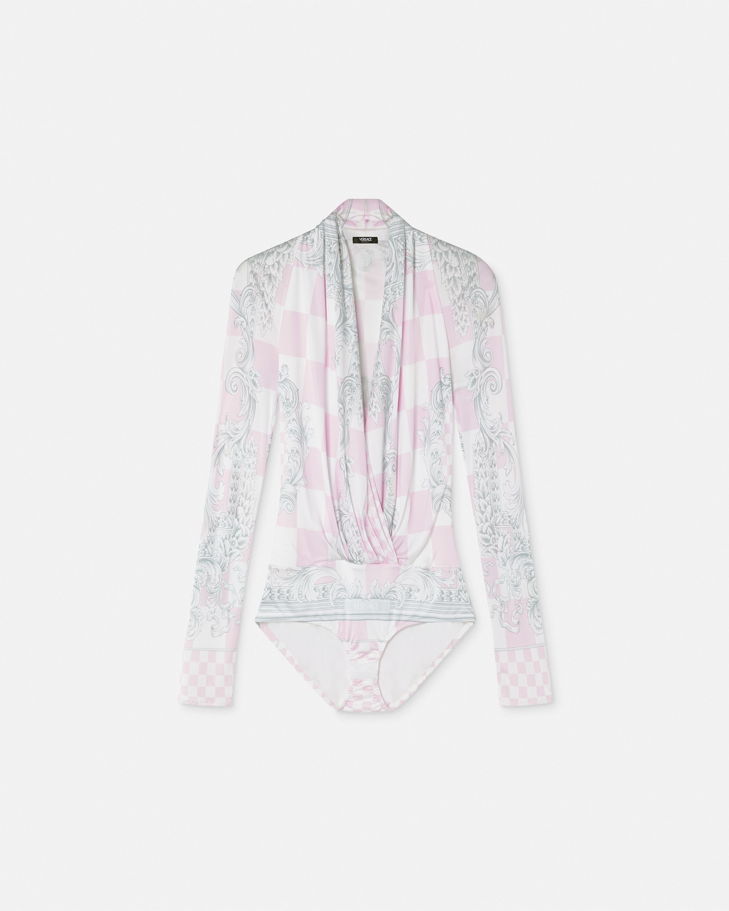 Versace Barocco-print Checked Bodysuit In Pink+print