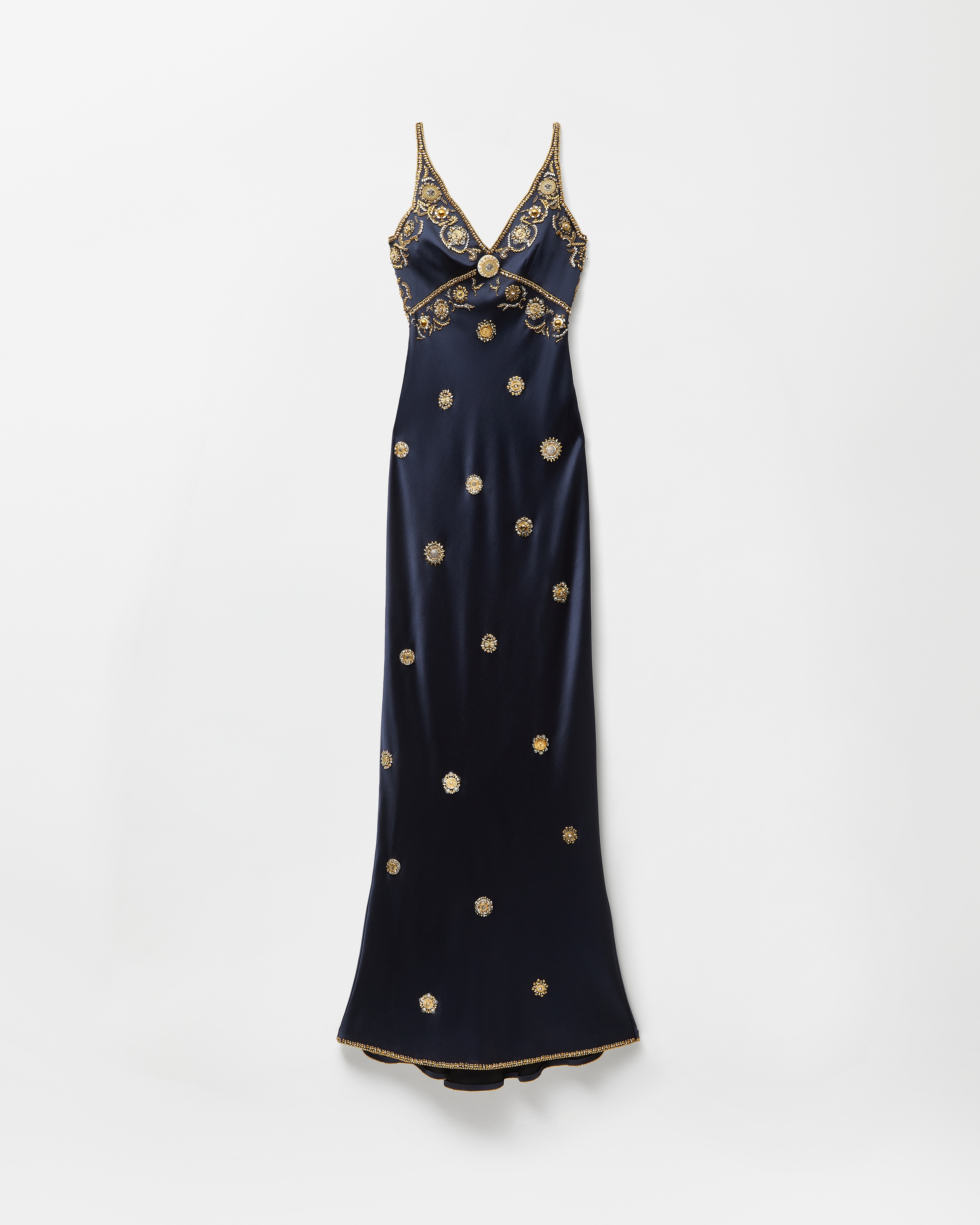 Versace Embroidered Silk Cady Satin Gown In Blue