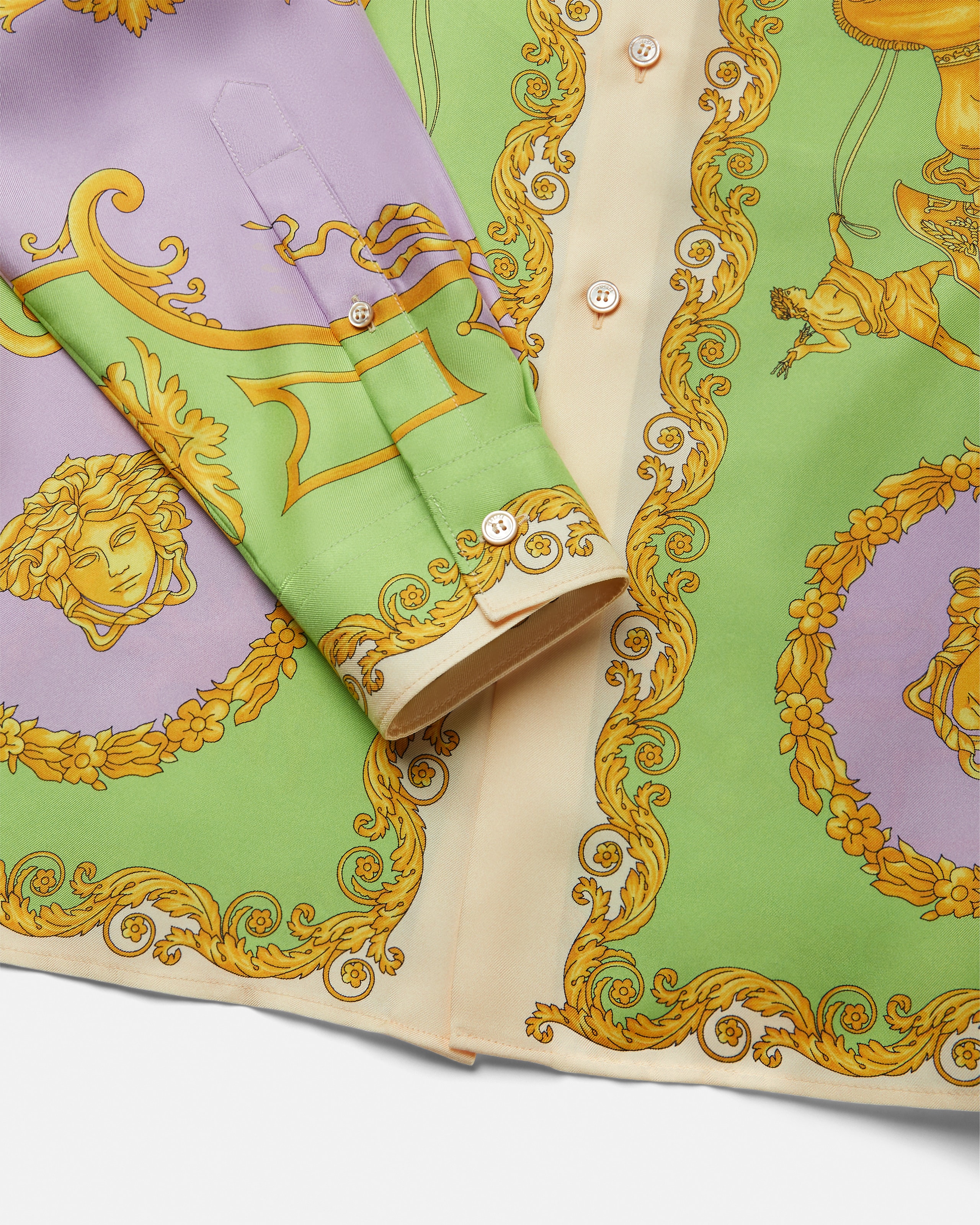 Printed Silk Twill Regular Shirt Purple,Green | VERSACE US