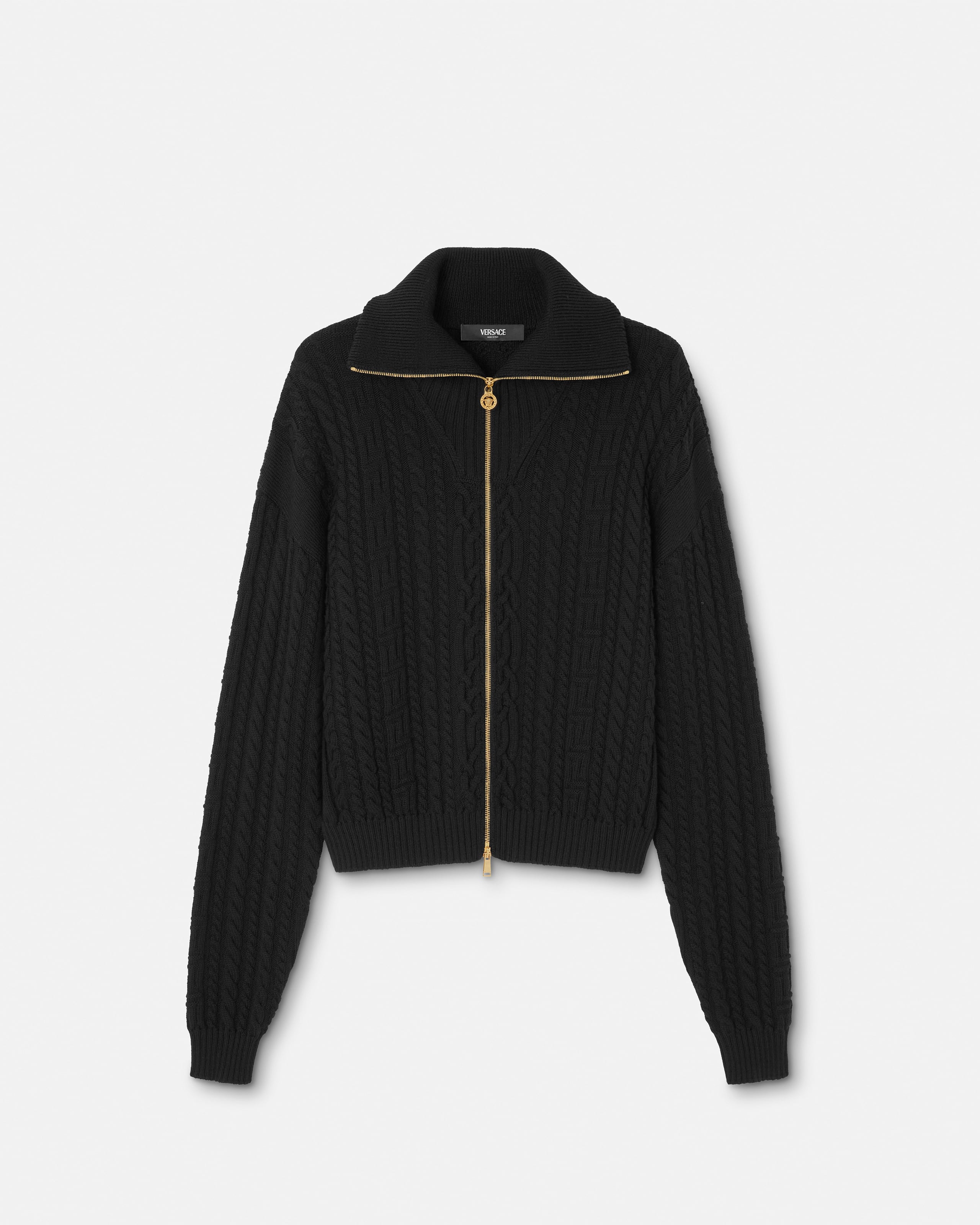 Embroidered Wool Knit Zip Sweater Black | VERSACE US