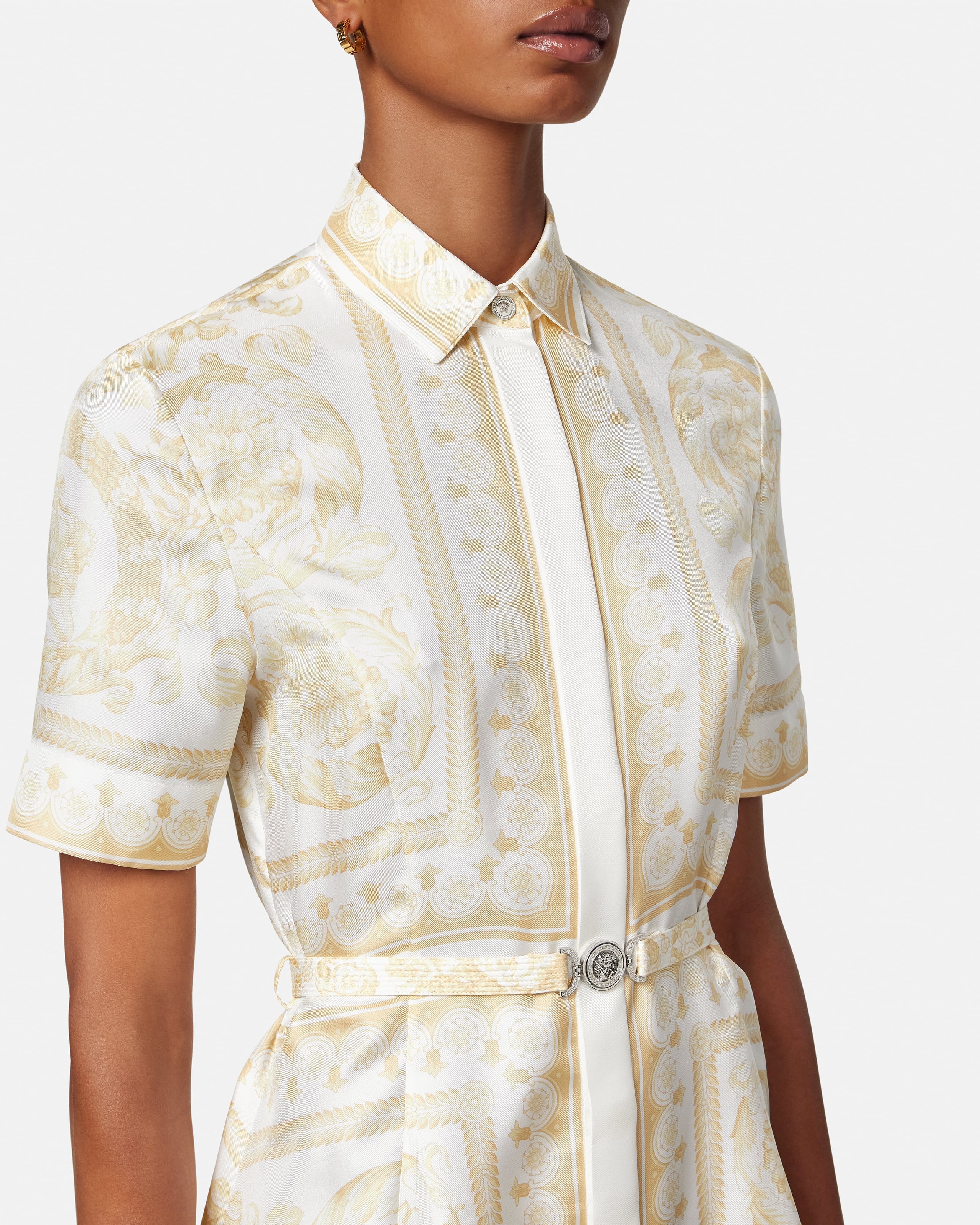 Printed Silk Twill Mini Shirt Dress White,Beige | VERSACE US Printed Silk Twill Mini Shirt Dress White,Beige | VERSACE US