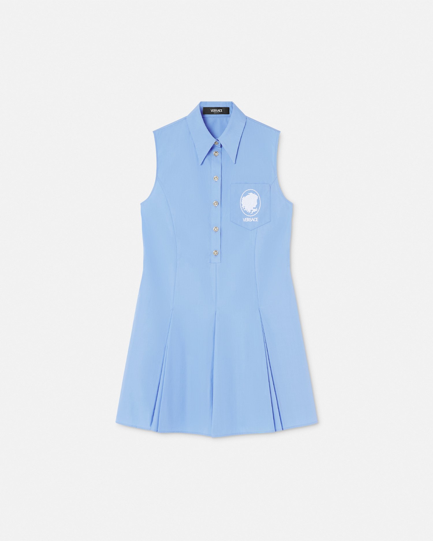 Versace Embroidered Cameo Logo Shift Midi Dress In Light Blue