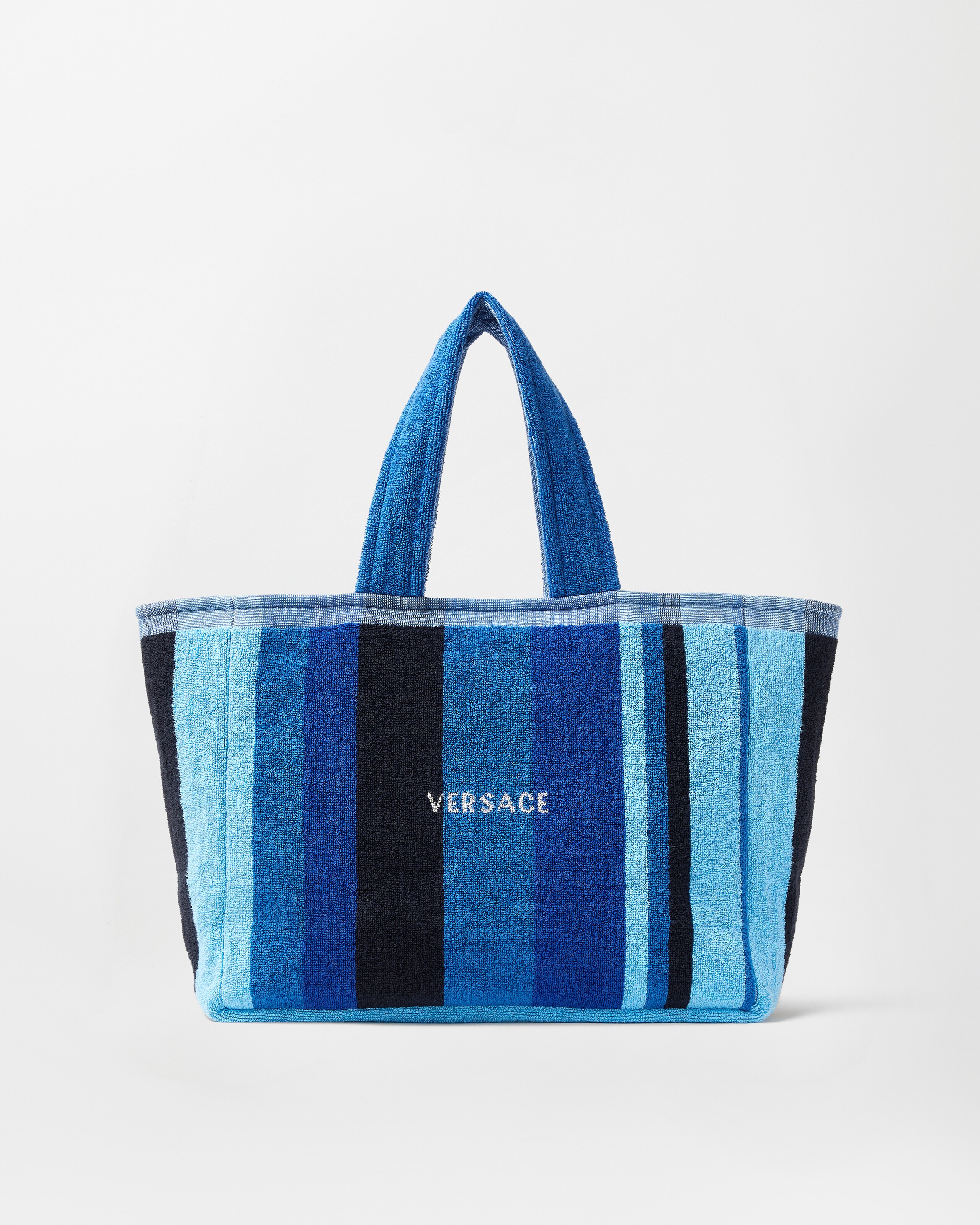 Striped Cotton-Terry Jacquard Tote Bag Blue | VERSACE IN