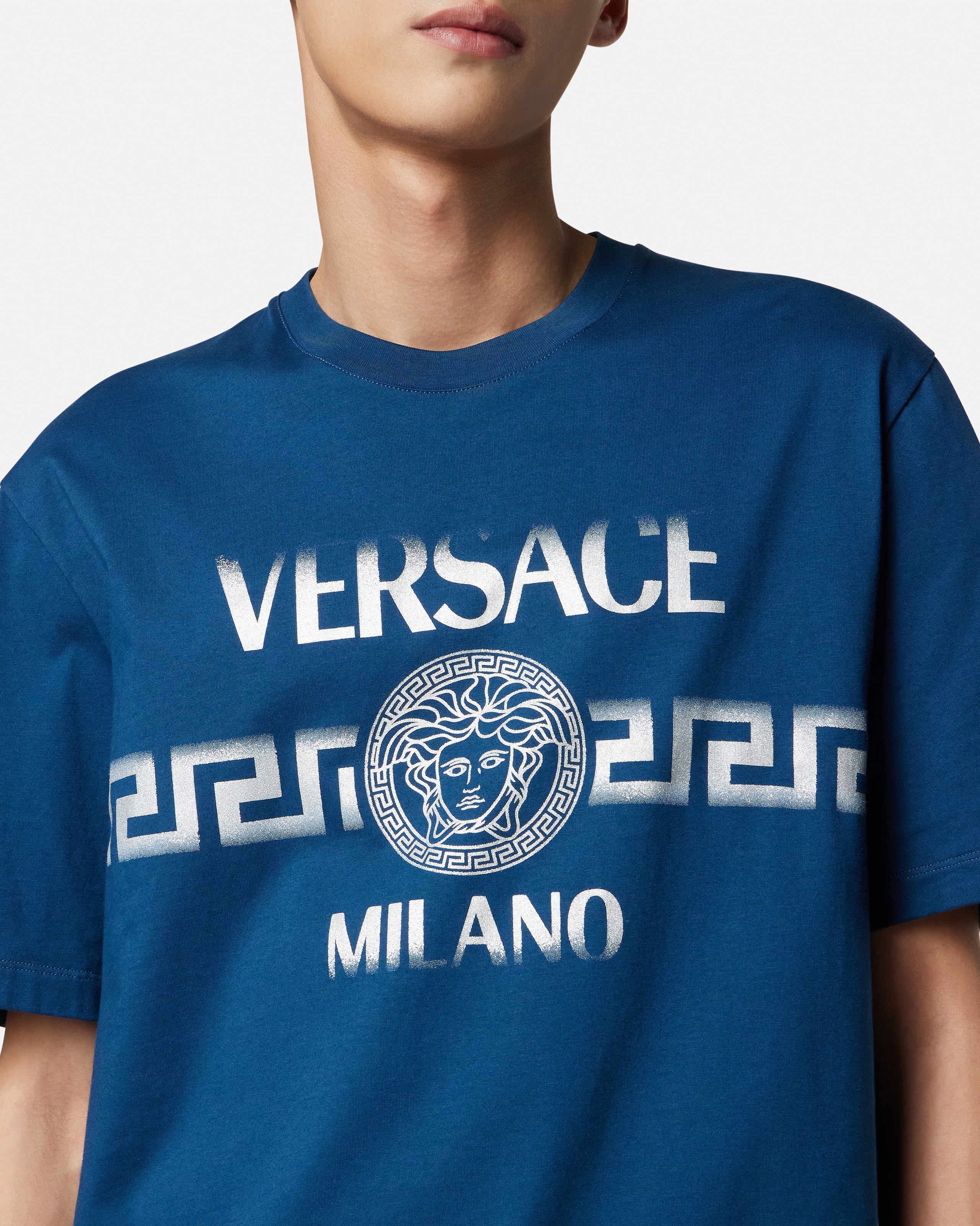 Printed Cotton-Jersey Regular T-Shirt Blue | VERSACE IN