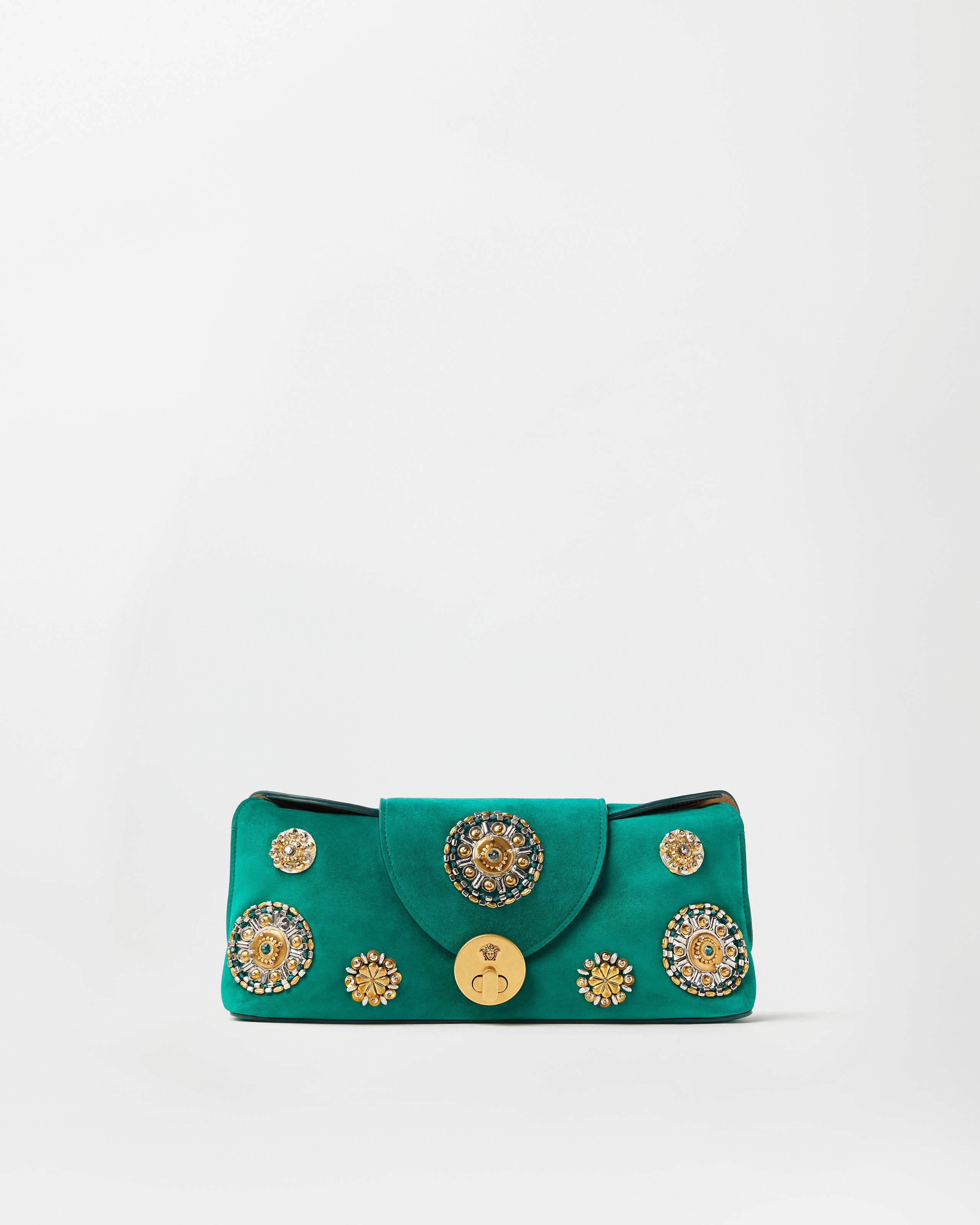 Versace Vivian Embroidered Suede Clutch In Green