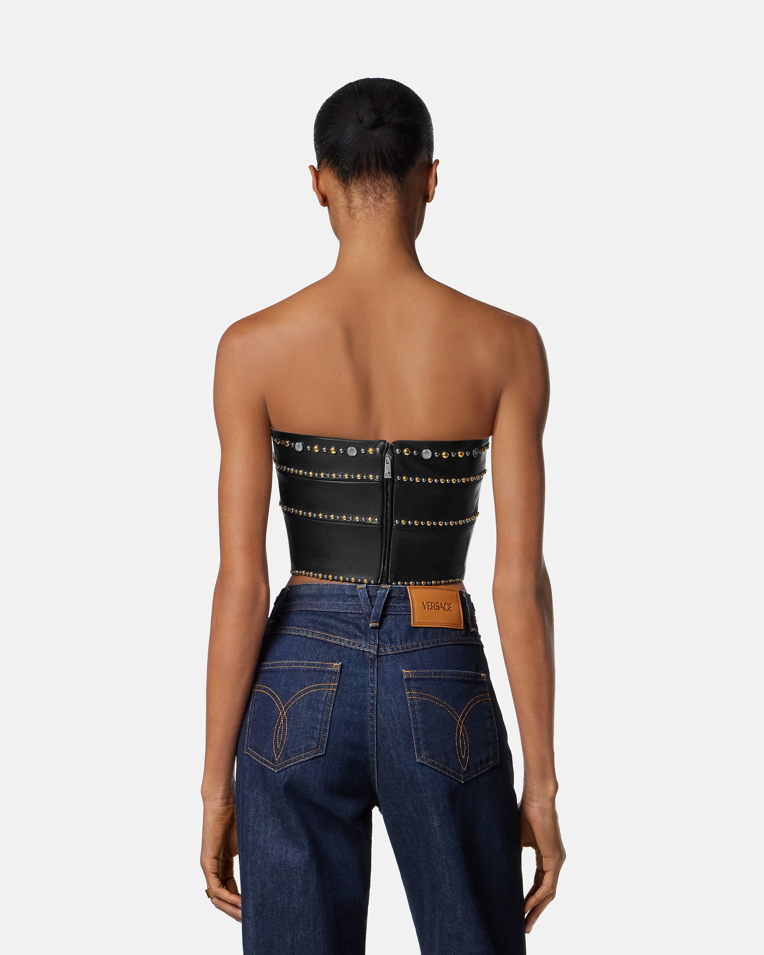 Embellished Leather Bustier Black | VERSACE US