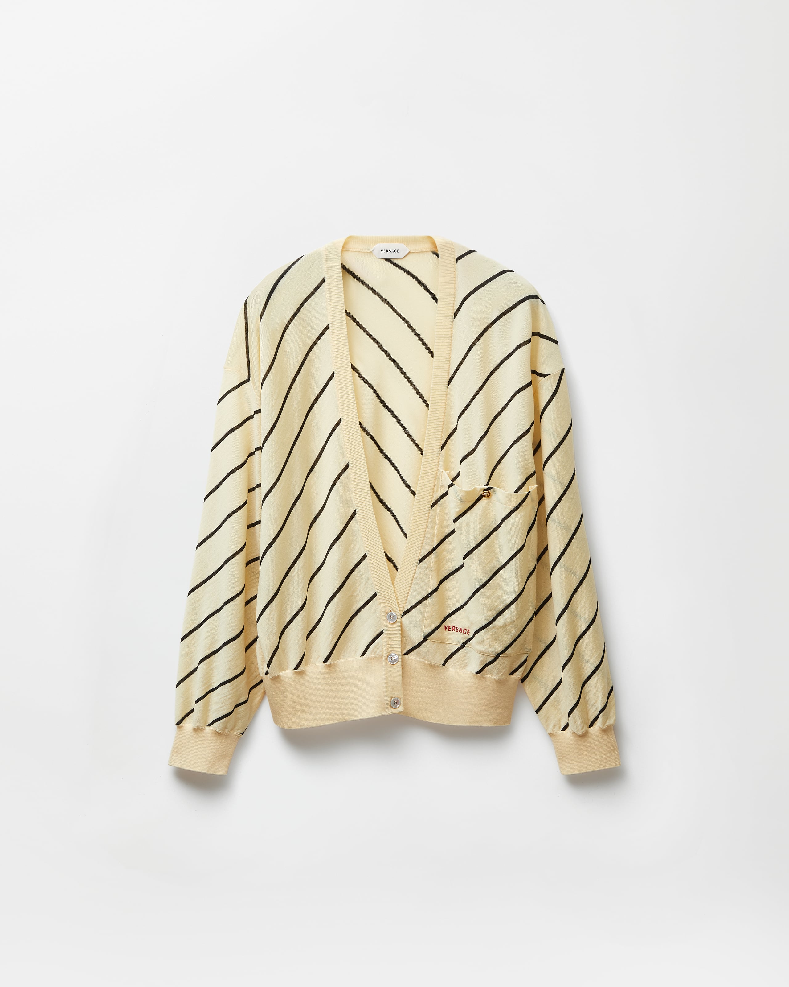 Striped-Intarsia Wool Knit Cardigan Yellow | VERSACE