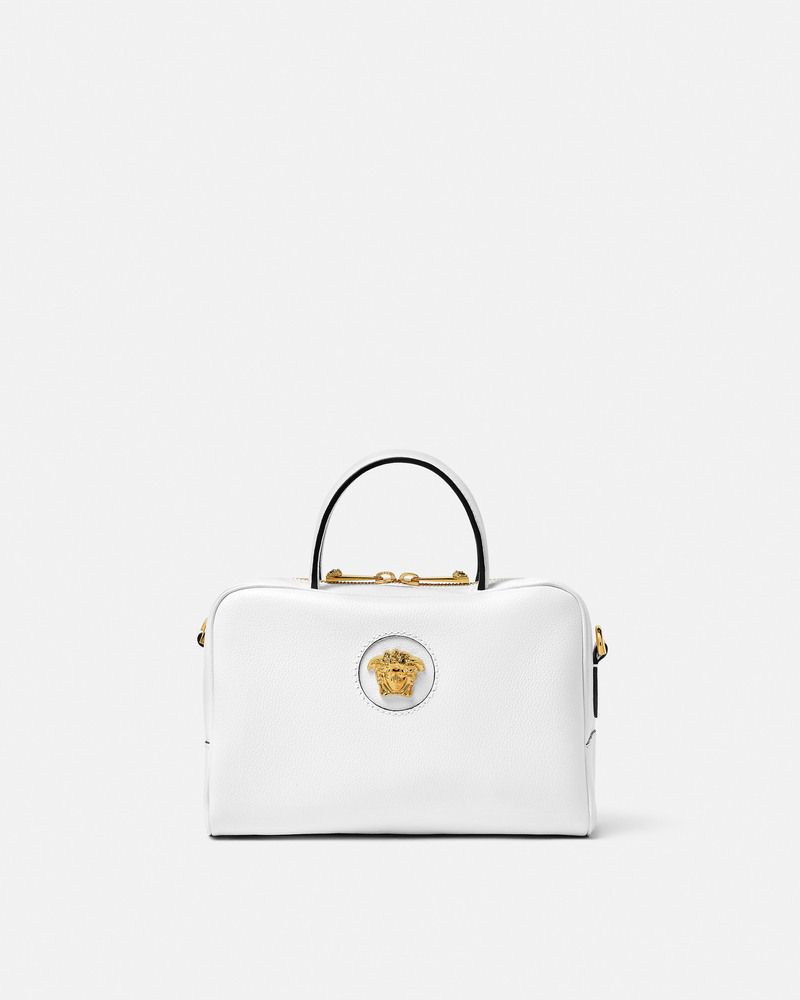 Versace La Medusa Leather Mini Boston Bag In White