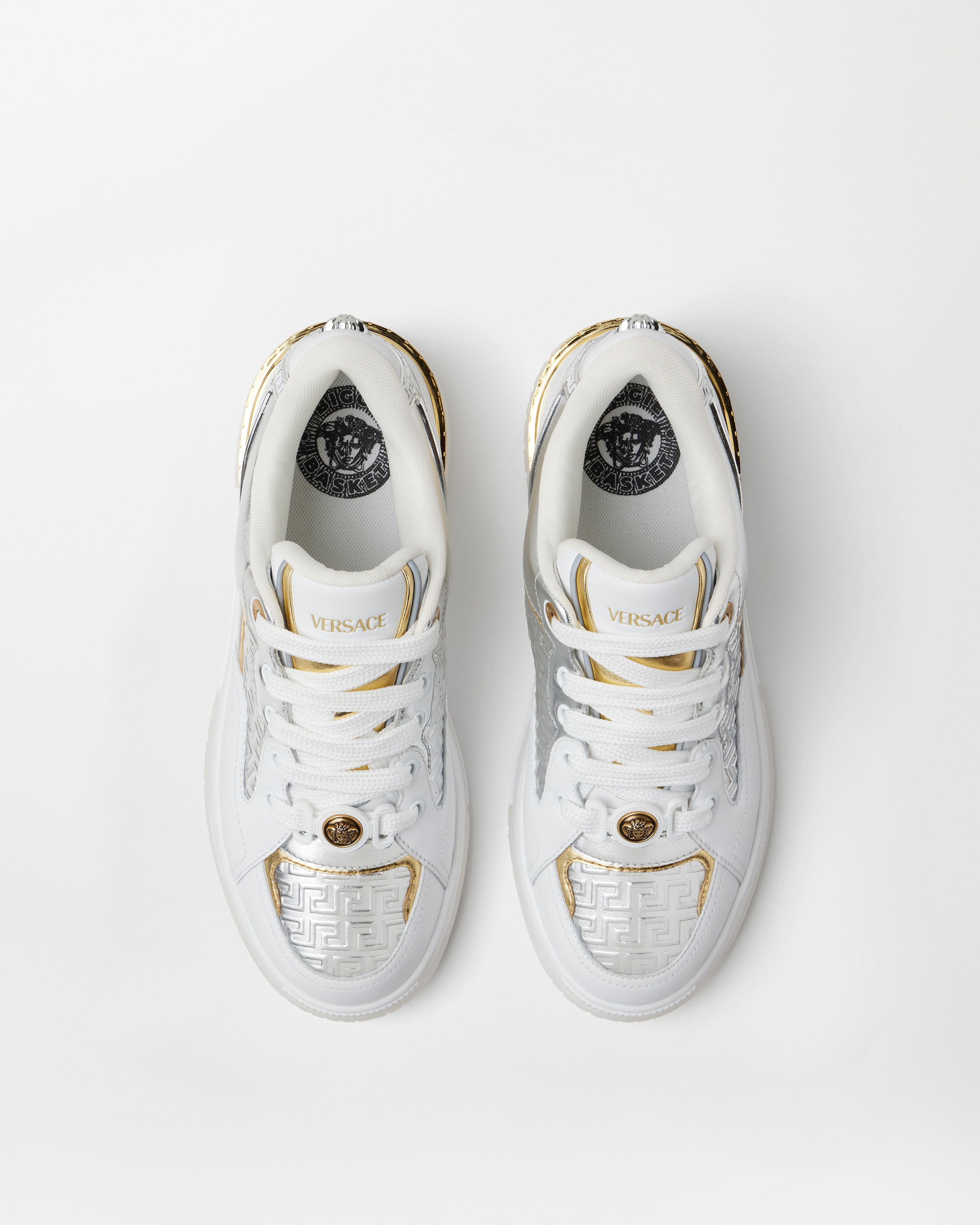 Biggie Basket Metallic Leather Sneakers Silver,Gold | VERSACE US