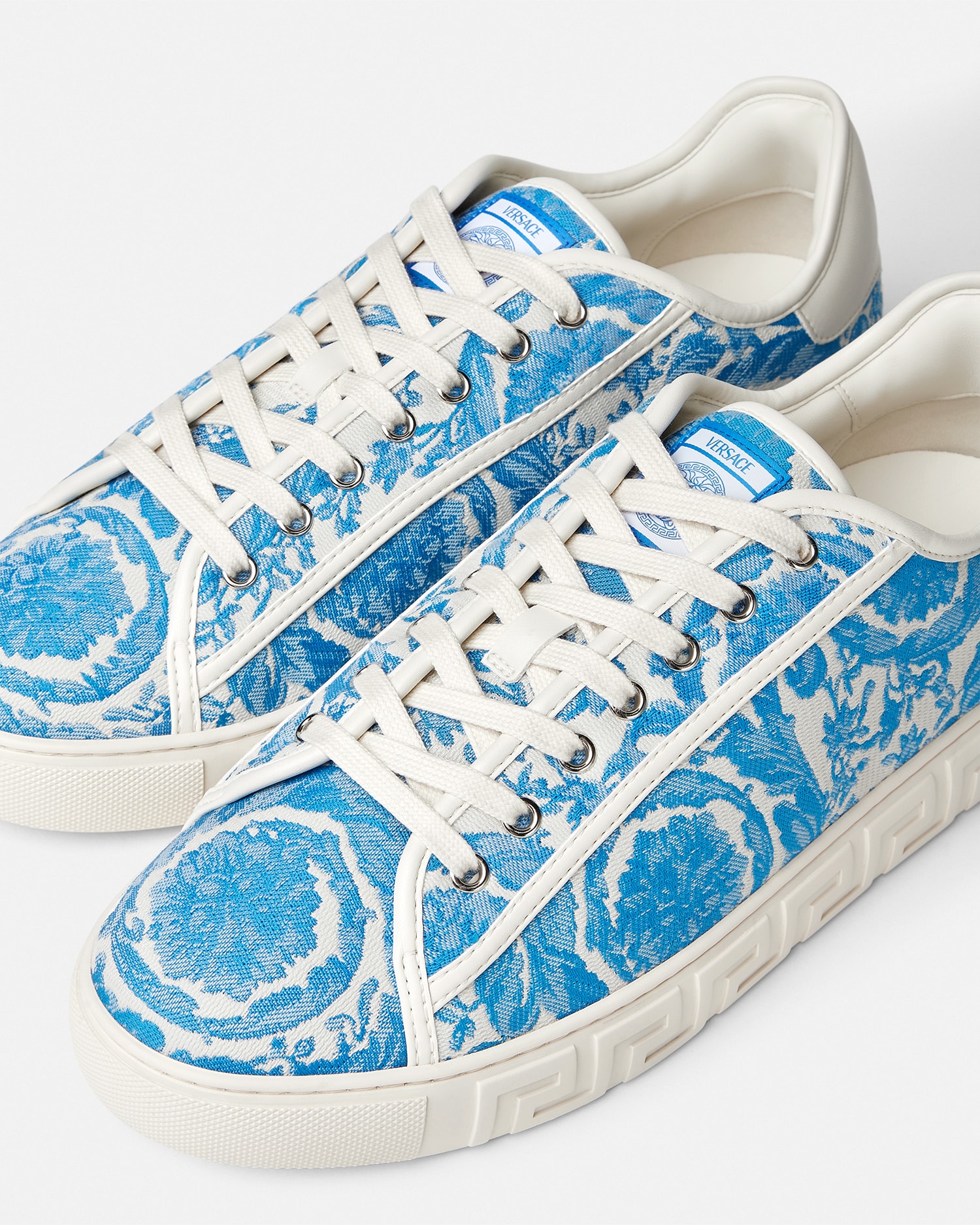 Greca Jacquard Canvas Sneakers Blue,White | VERSACE US