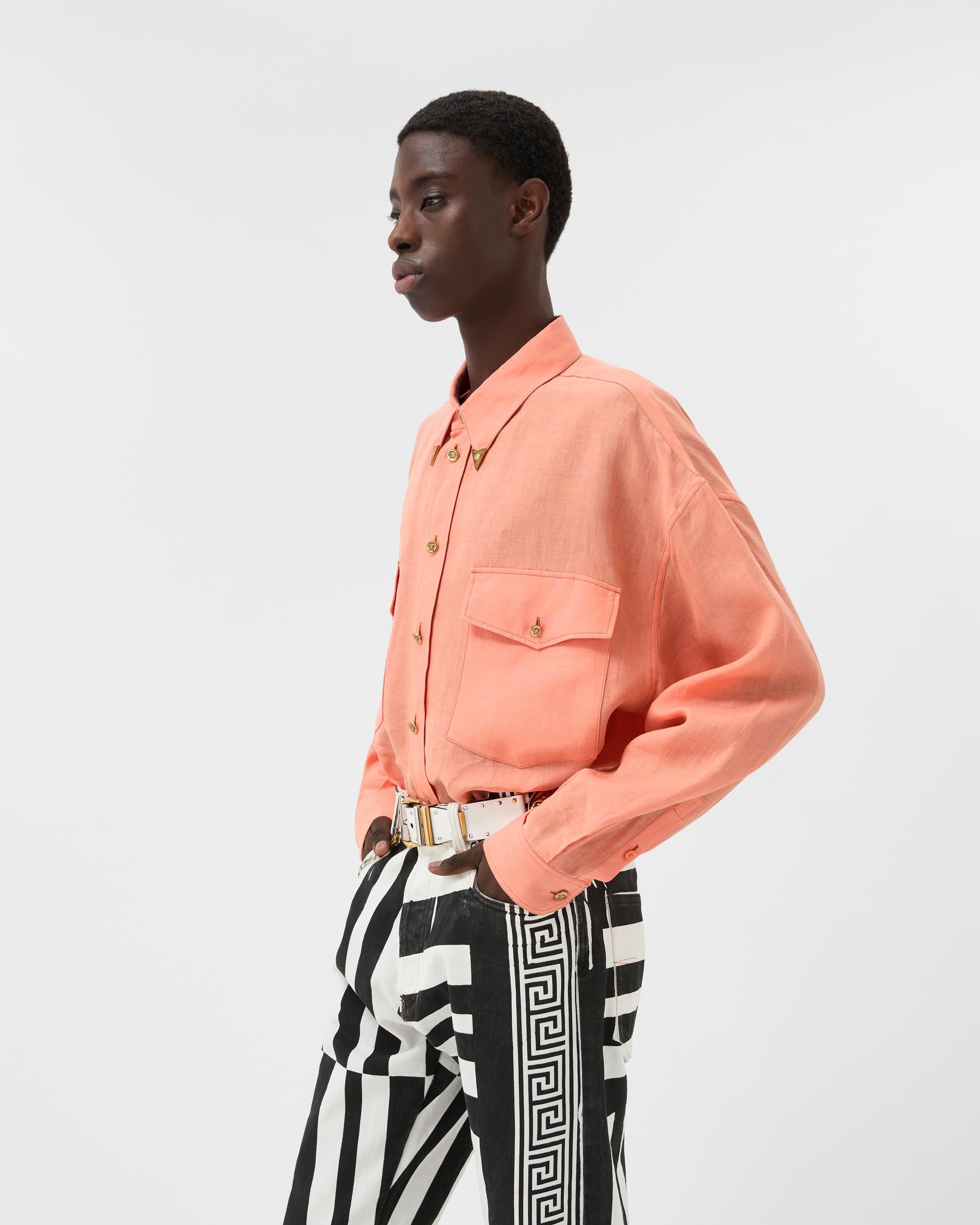 Linen Relaxed Shirt Blue | VERSACE US