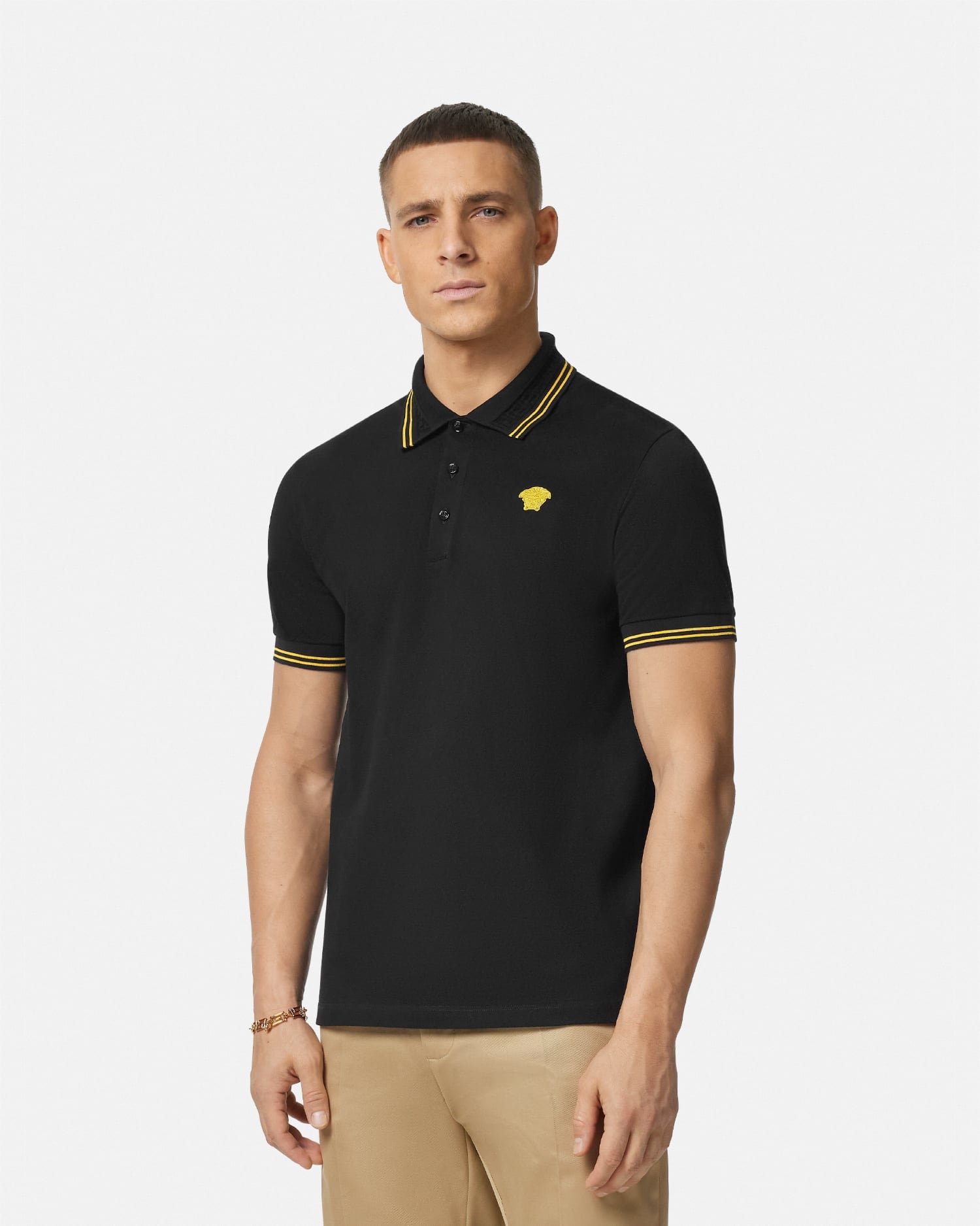 Embroidered Cotton Piqué Polo Black | VERSACE US