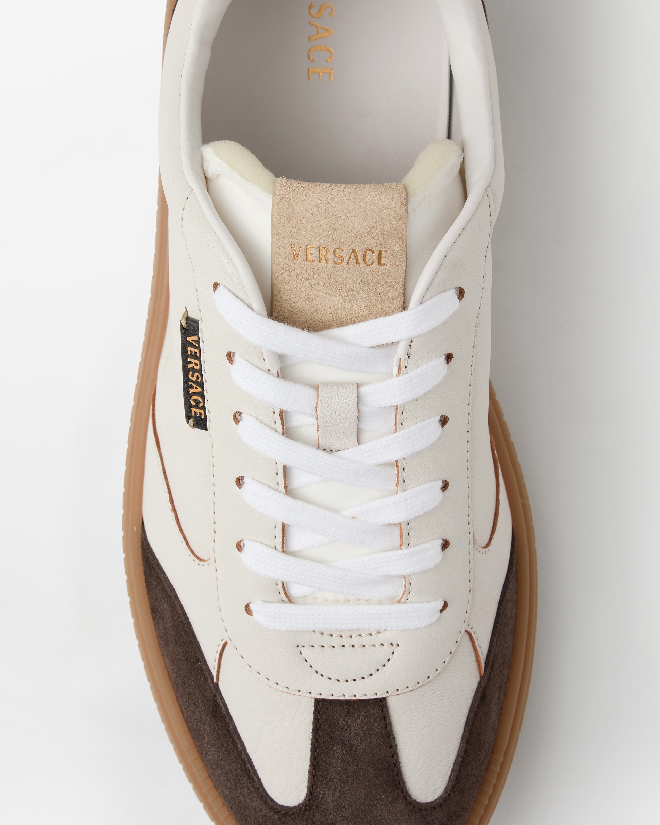 Greca Court Nappa & Suede Sneakers Brown,White | VERSACE US