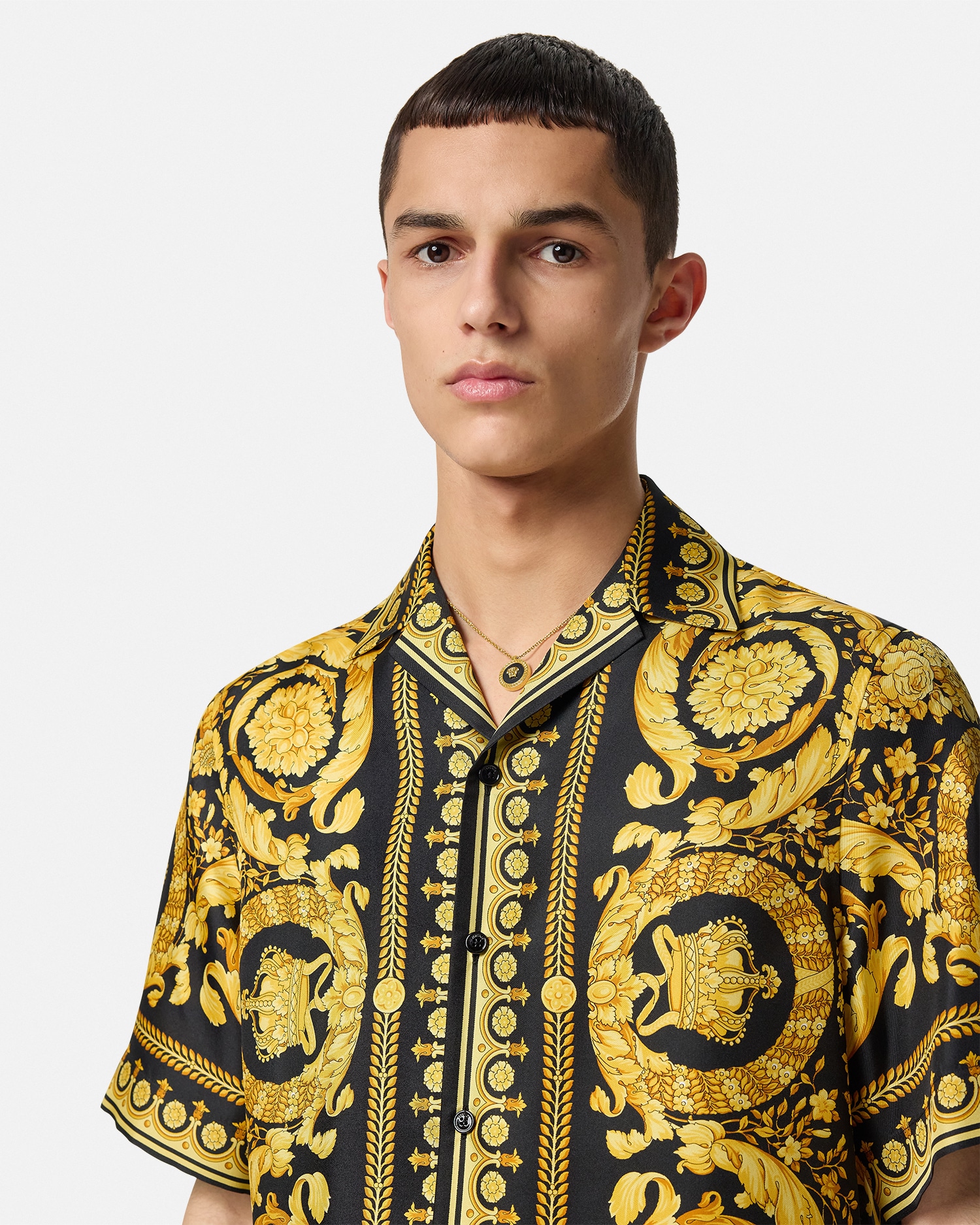 Printed Silk Twill Shirt Black,Print | VERSACE US